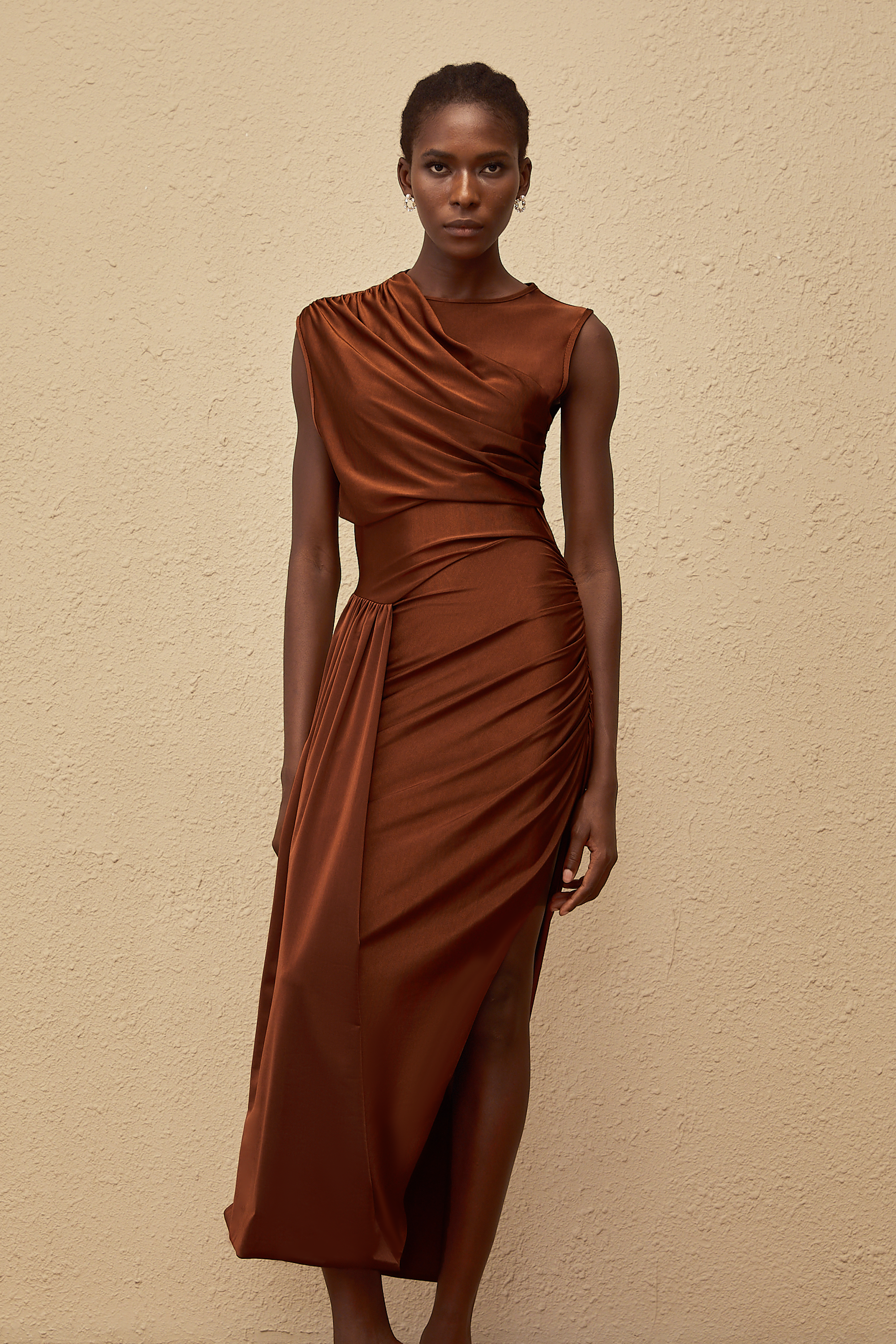 Reine Brown Asymmetrical Ruched Maxi Dress (Final Sale)