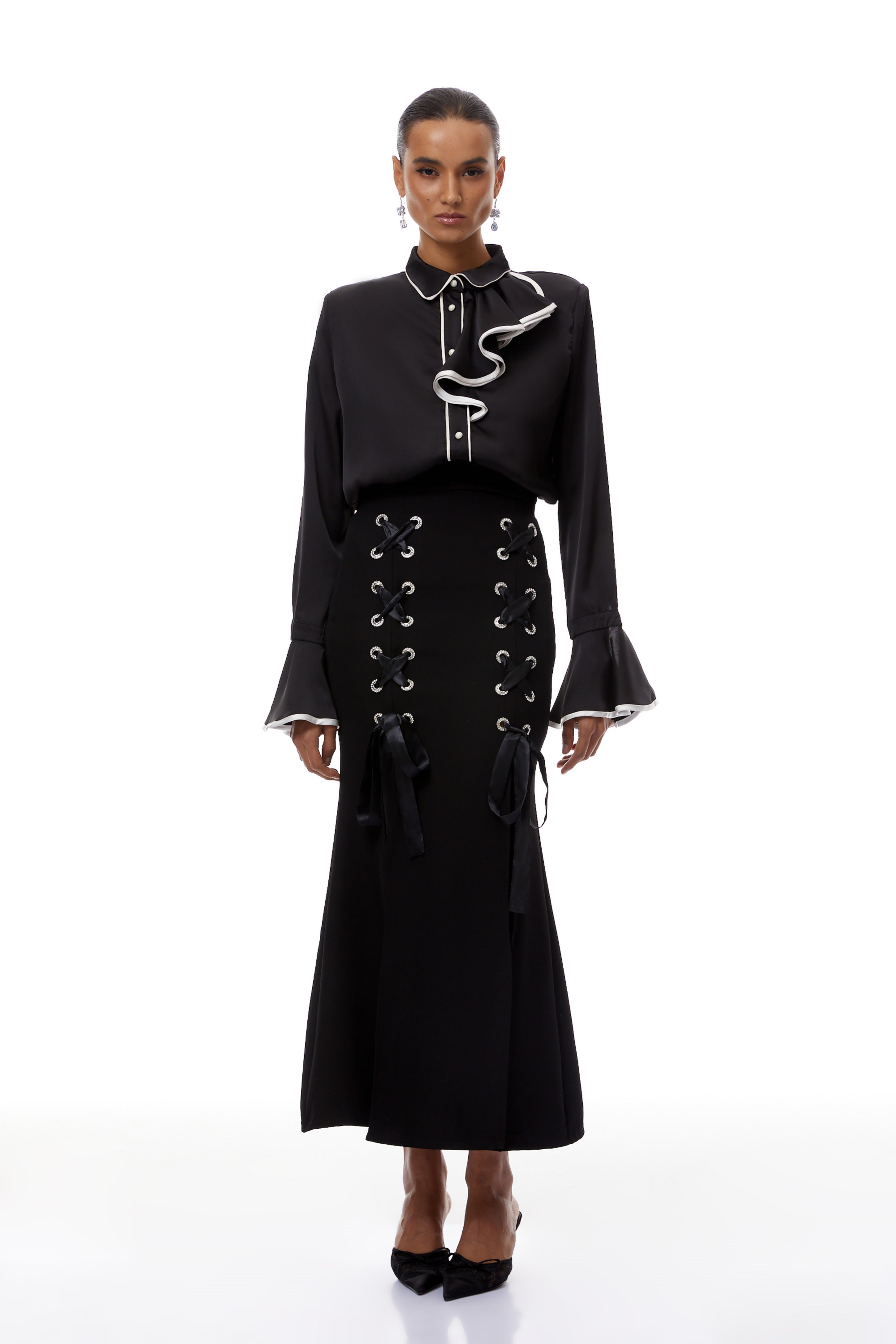 Cornelia Black Ruffled Blouse & Lace Up Skirt Set (Final Sale-US Only)