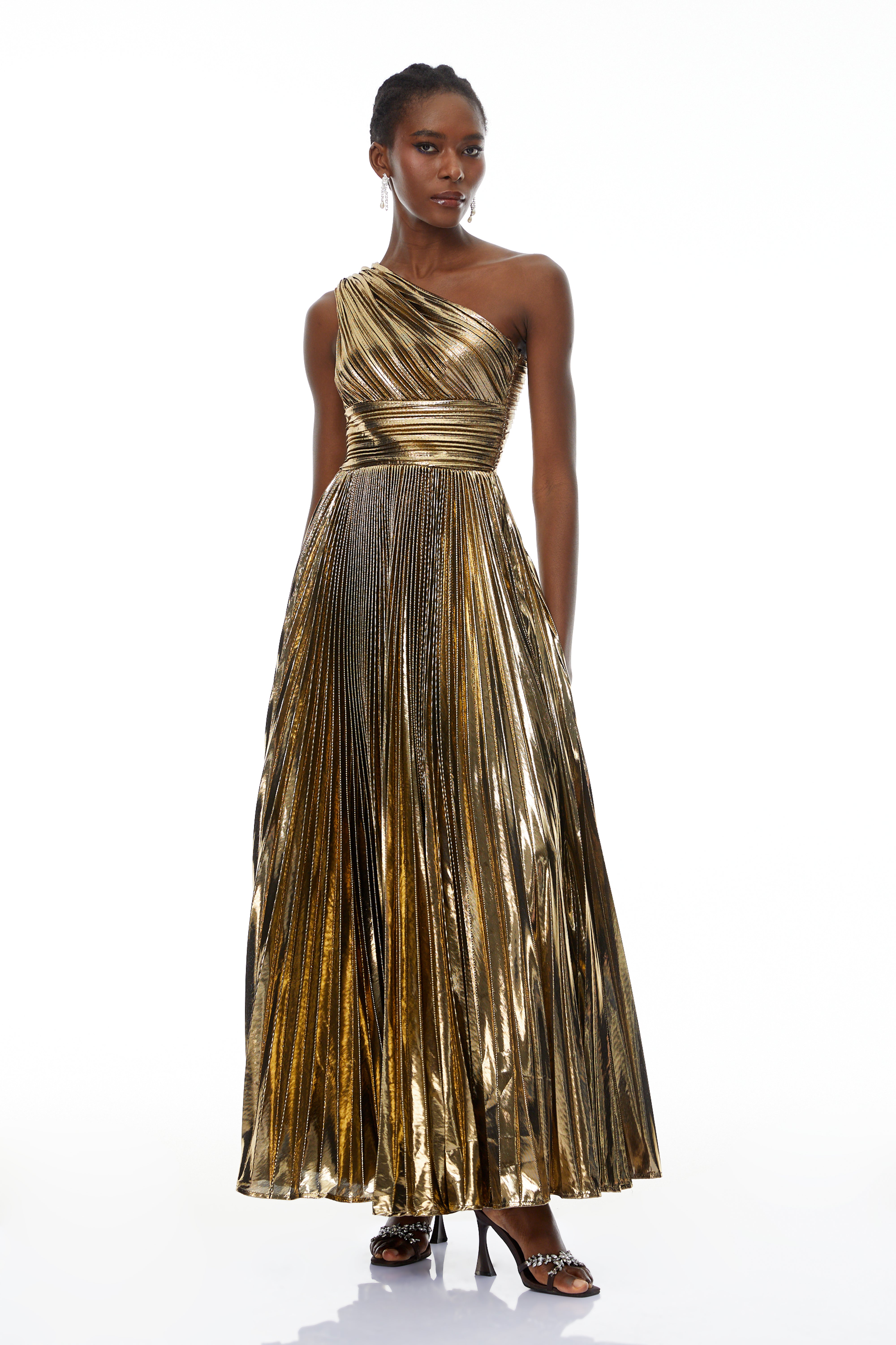 Adrián Gold One Shloulder Ruched Maxi Dress (Final Sale-US Only)