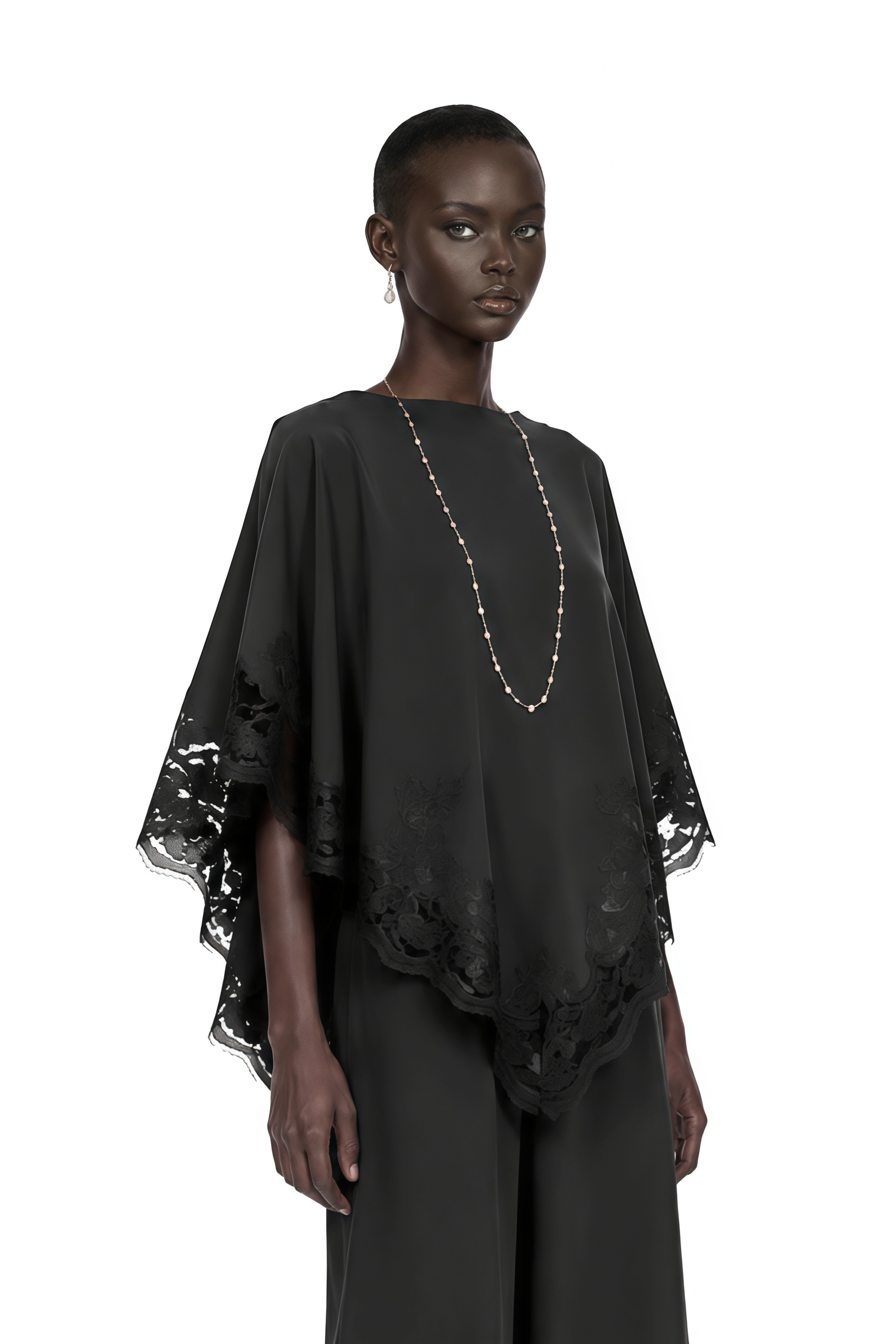 Mabel Black Cape Top & Wide Leg Trousers Set with Lace Trim