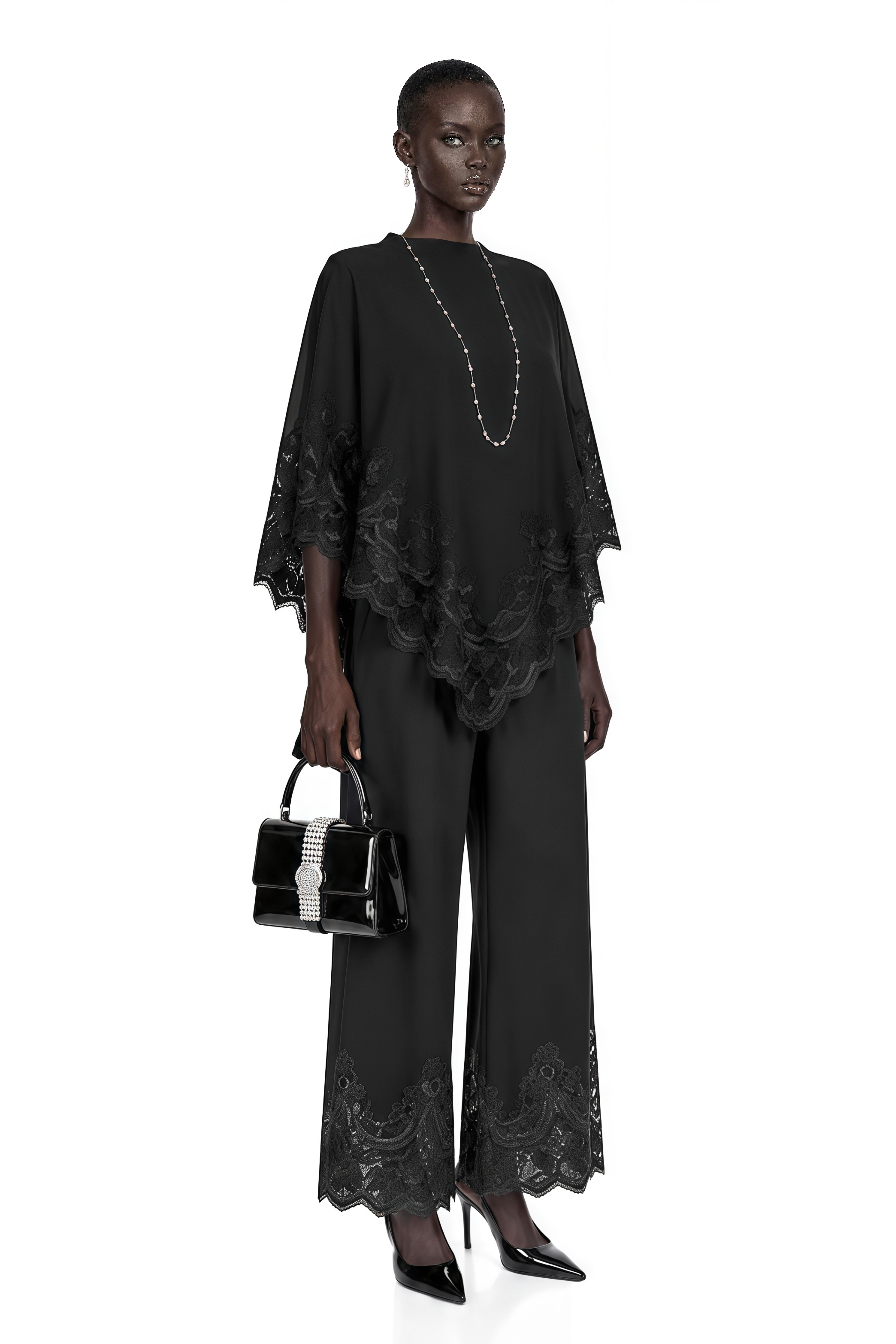 Mabel Black Cape Top & Wide Leg Trousers Set with Lace Trim