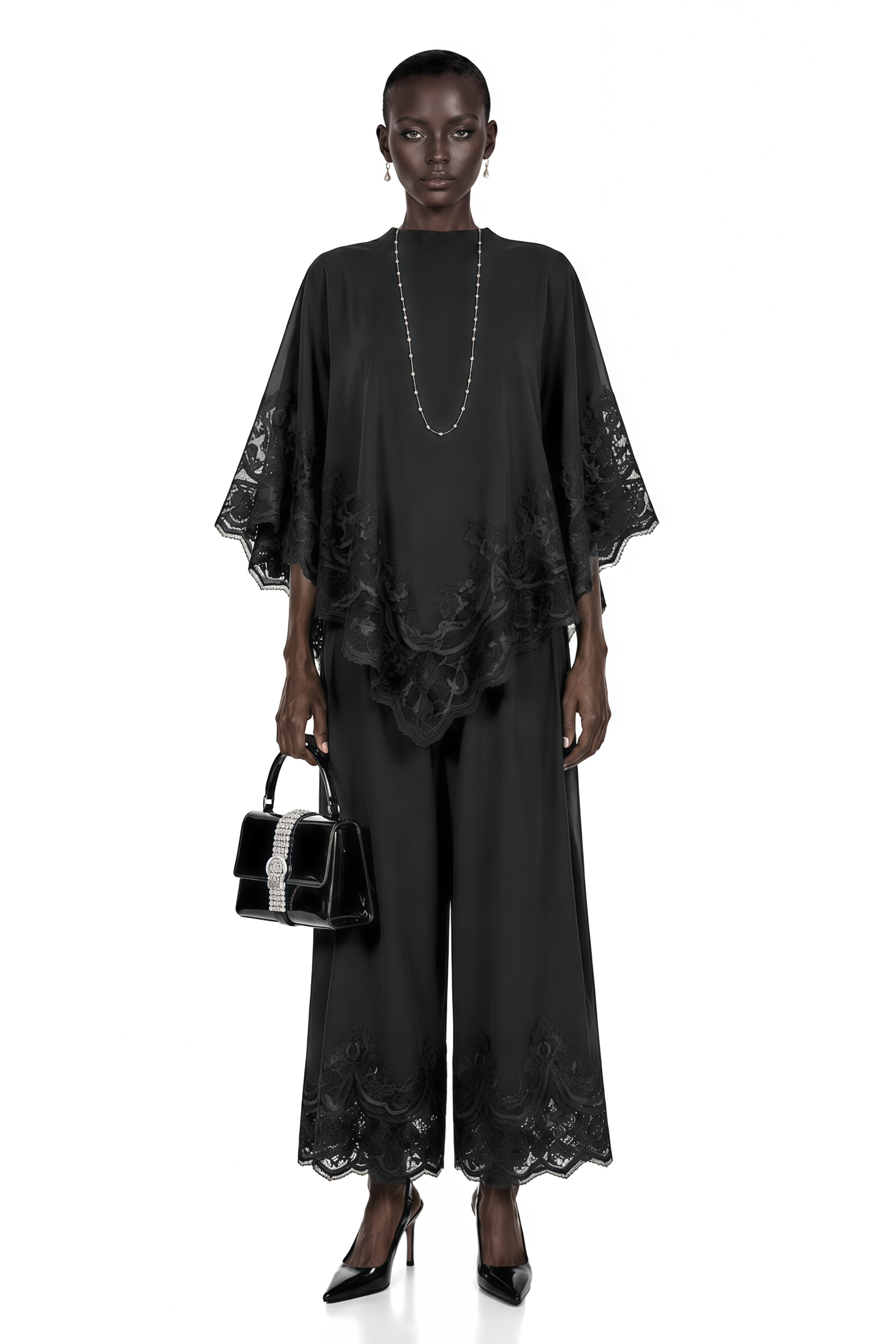 Mabel Black Cape Top & Wide Leg Trousers Set with Lace Trim