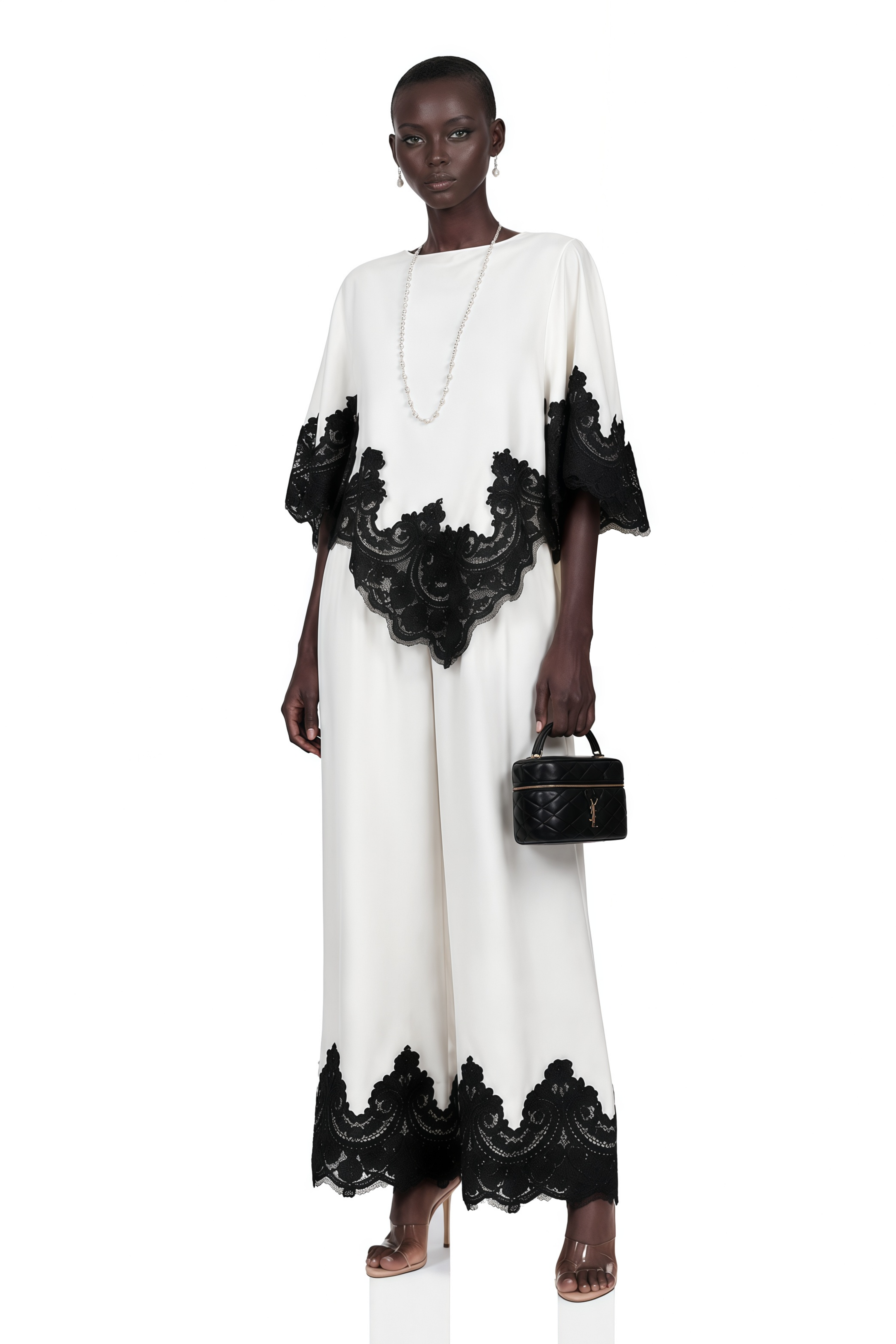 Mabel White Cape Top & Wide Leg Trousers Set with Lace Trim