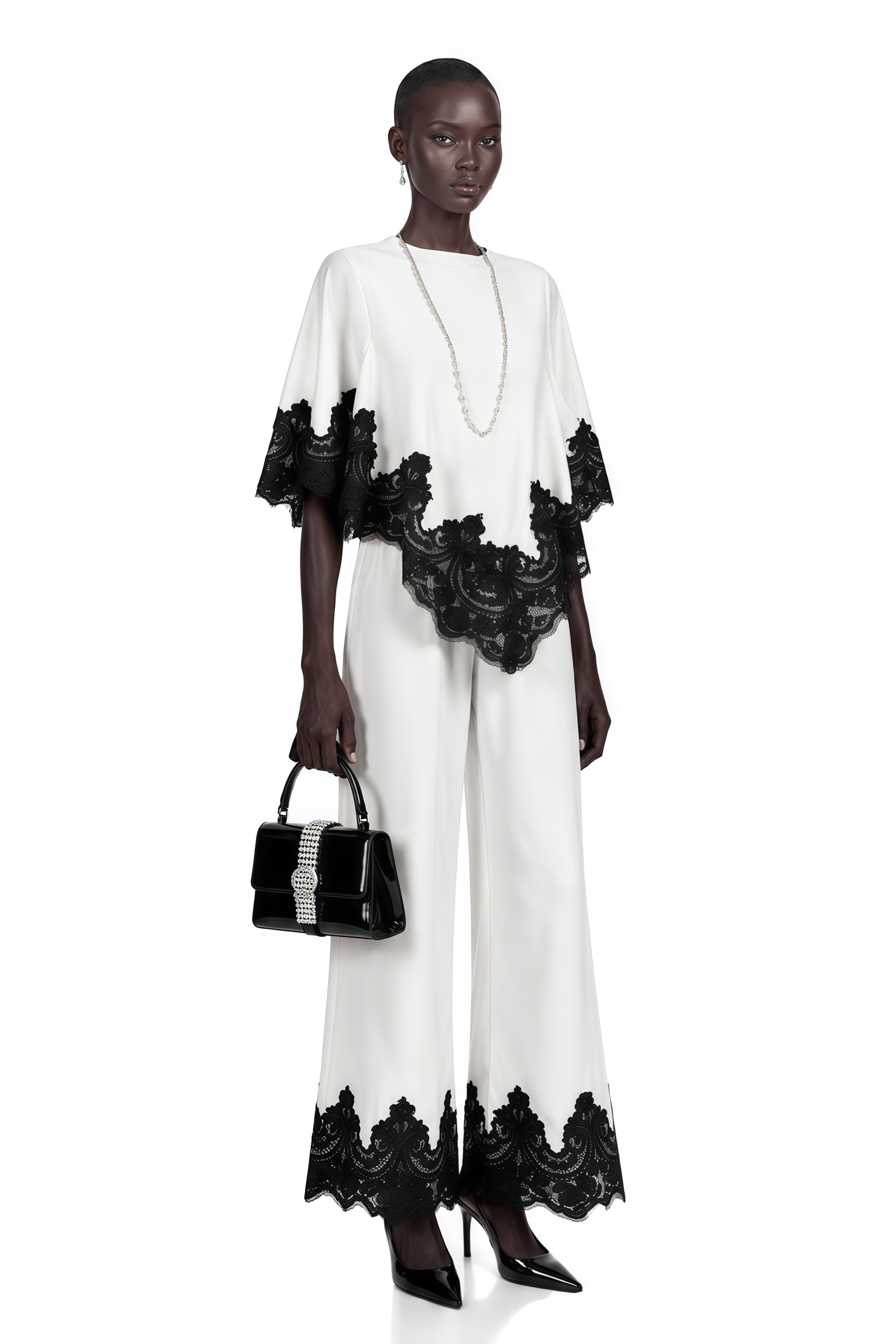 Mabel White Cape Top & Wide Leg Trousers Set with Lace Trim