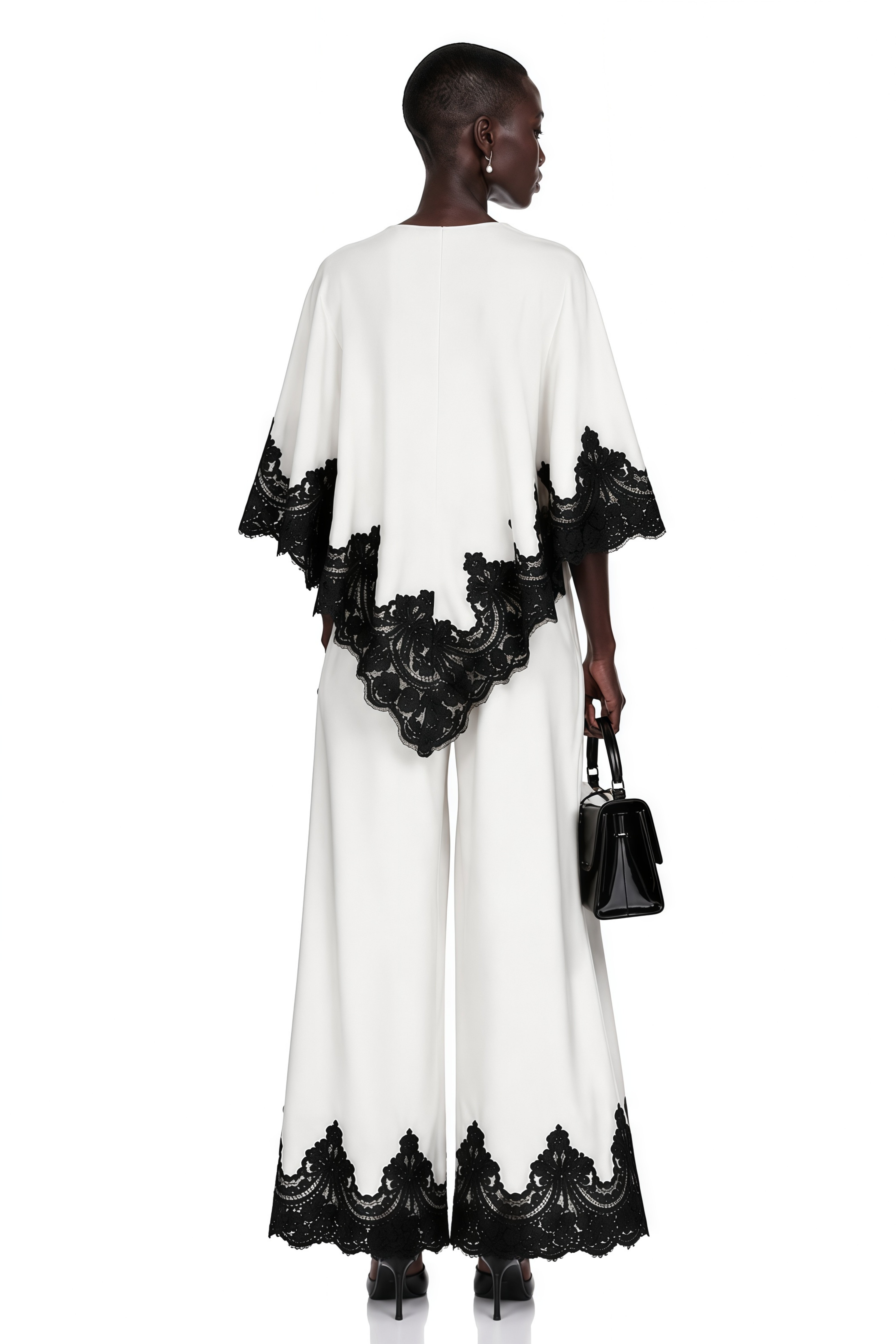Mabel White Cape Top & Wide Leg Trousers Set with Lace Trim