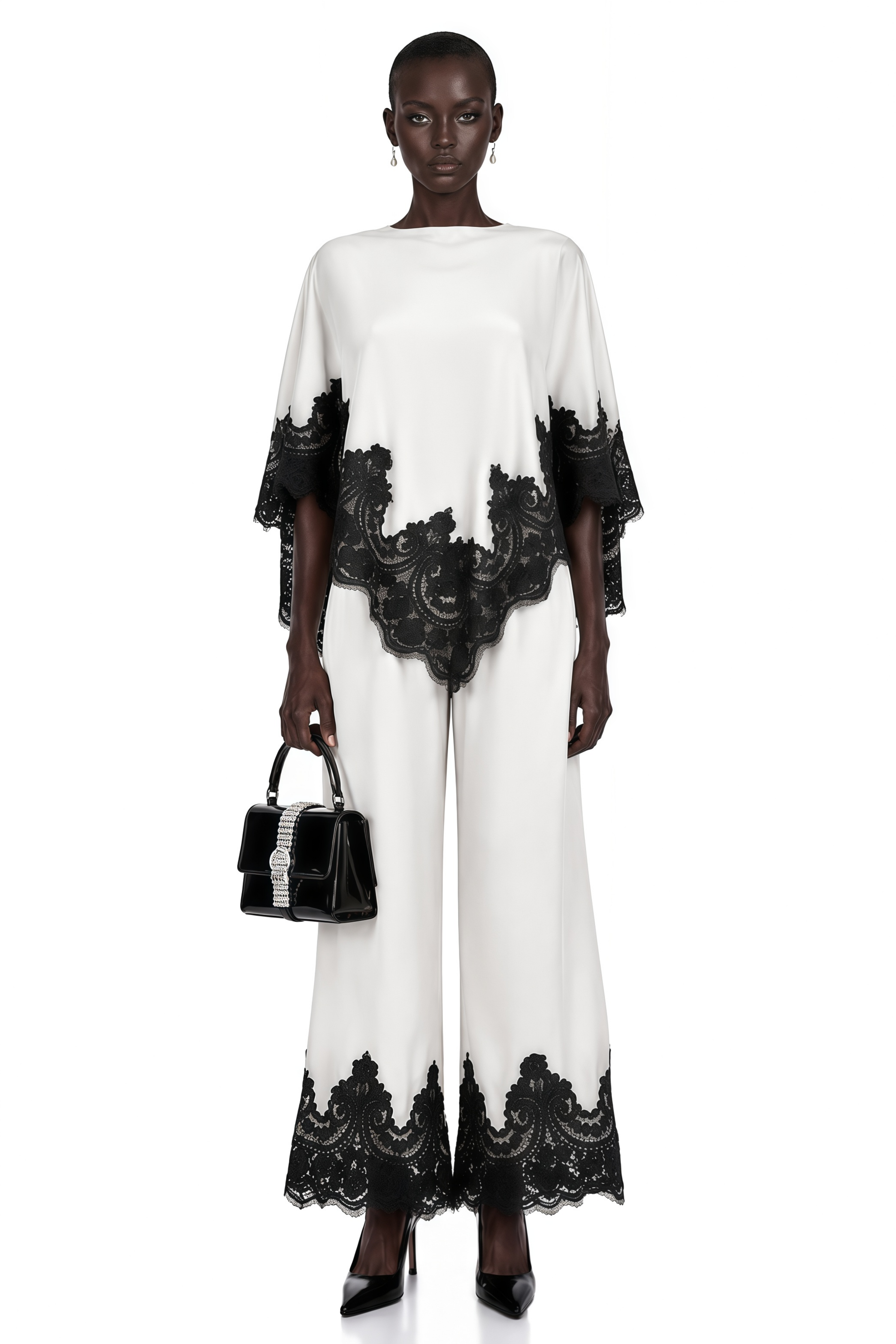 Mabel White Cape Top & Wide Leg Trousers Set with Lace Trim