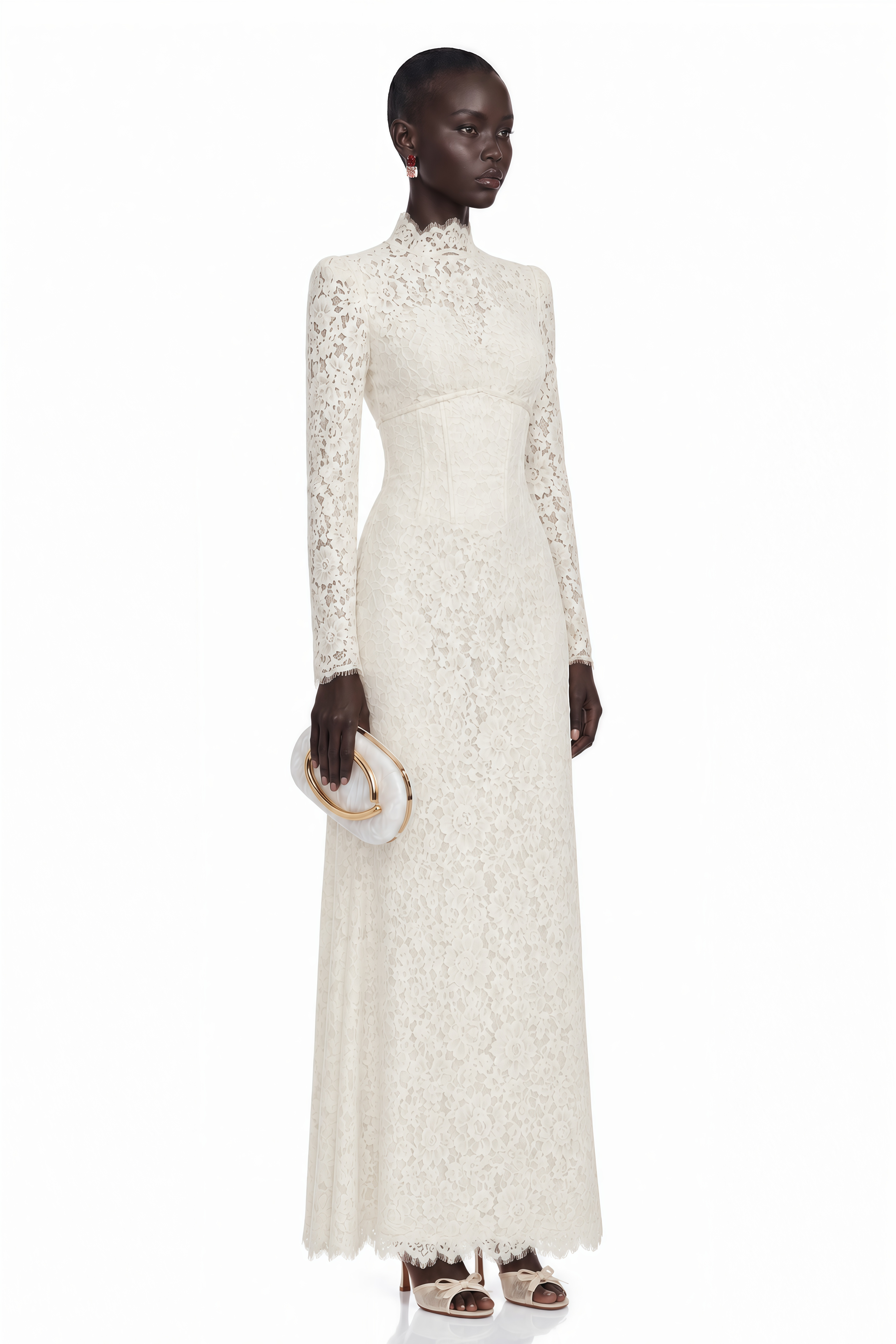 Cream long-sleeve lace gown with a high neck and structured bodice
