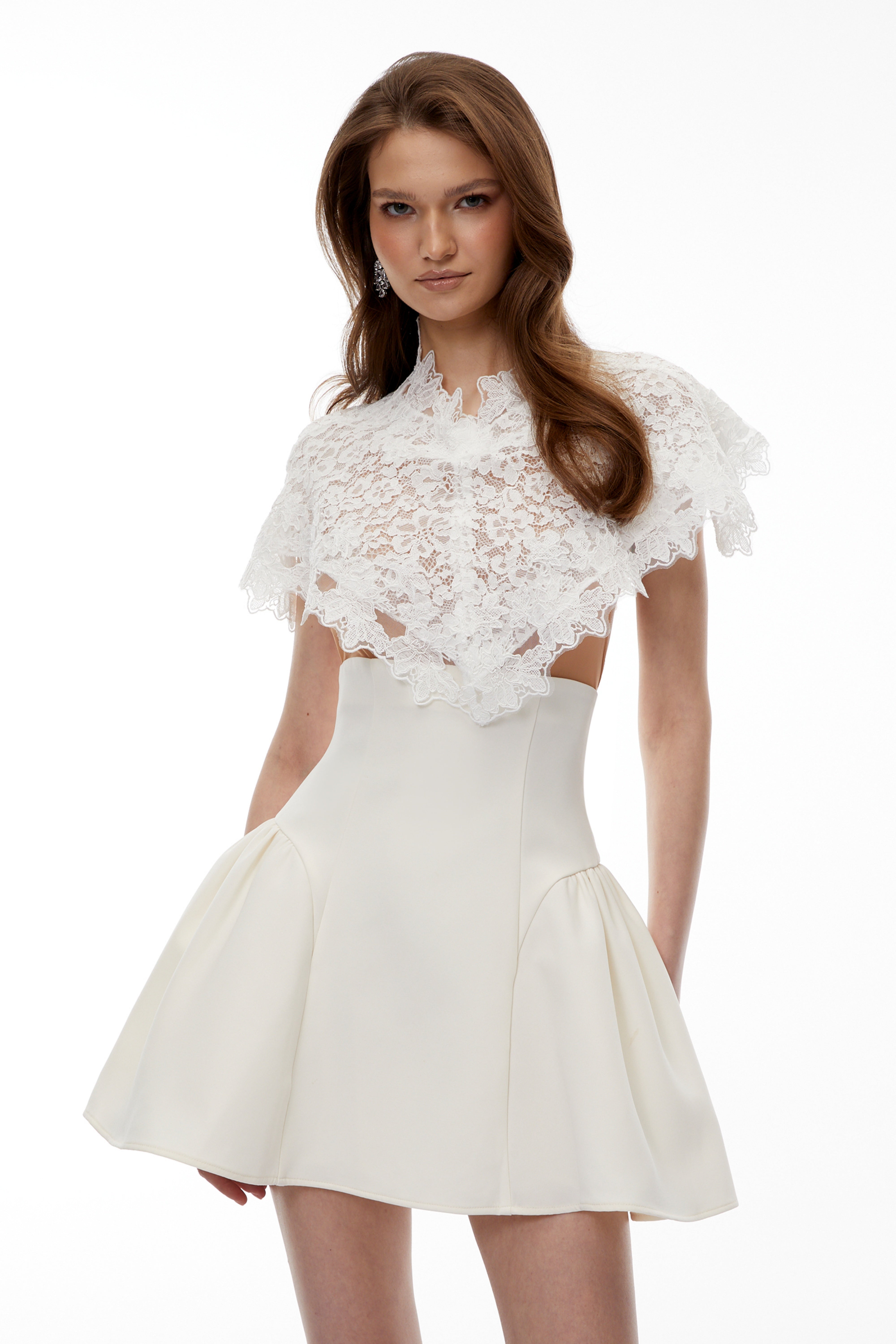 Mandana White Lace Mini Dress with Cape (Final Sale-US Only)