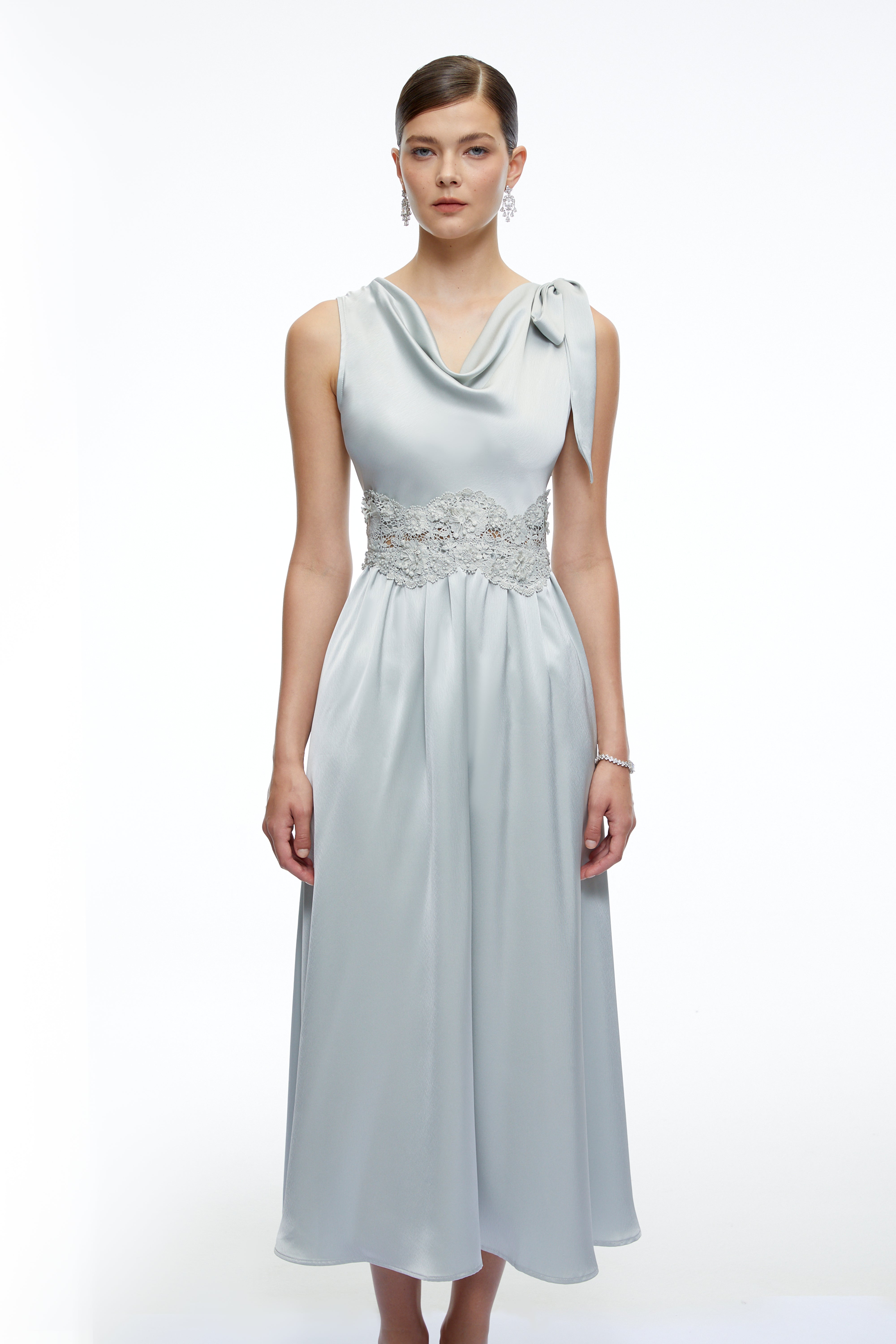 Maren Blue Cowl Neck Satin Midi Dress