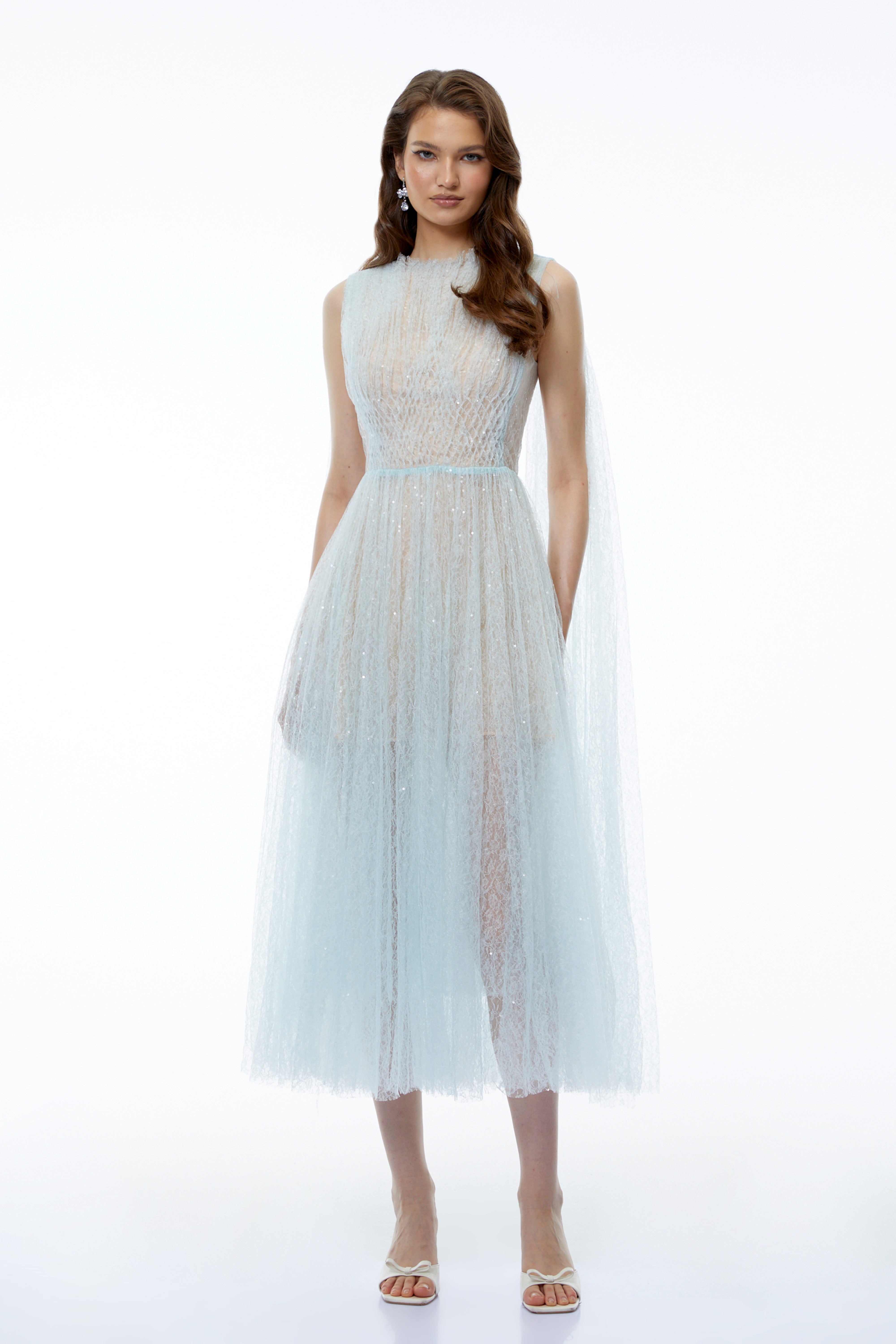 Margareta Ice Blue High Neck Ruched Midi Dress (Final Sale)