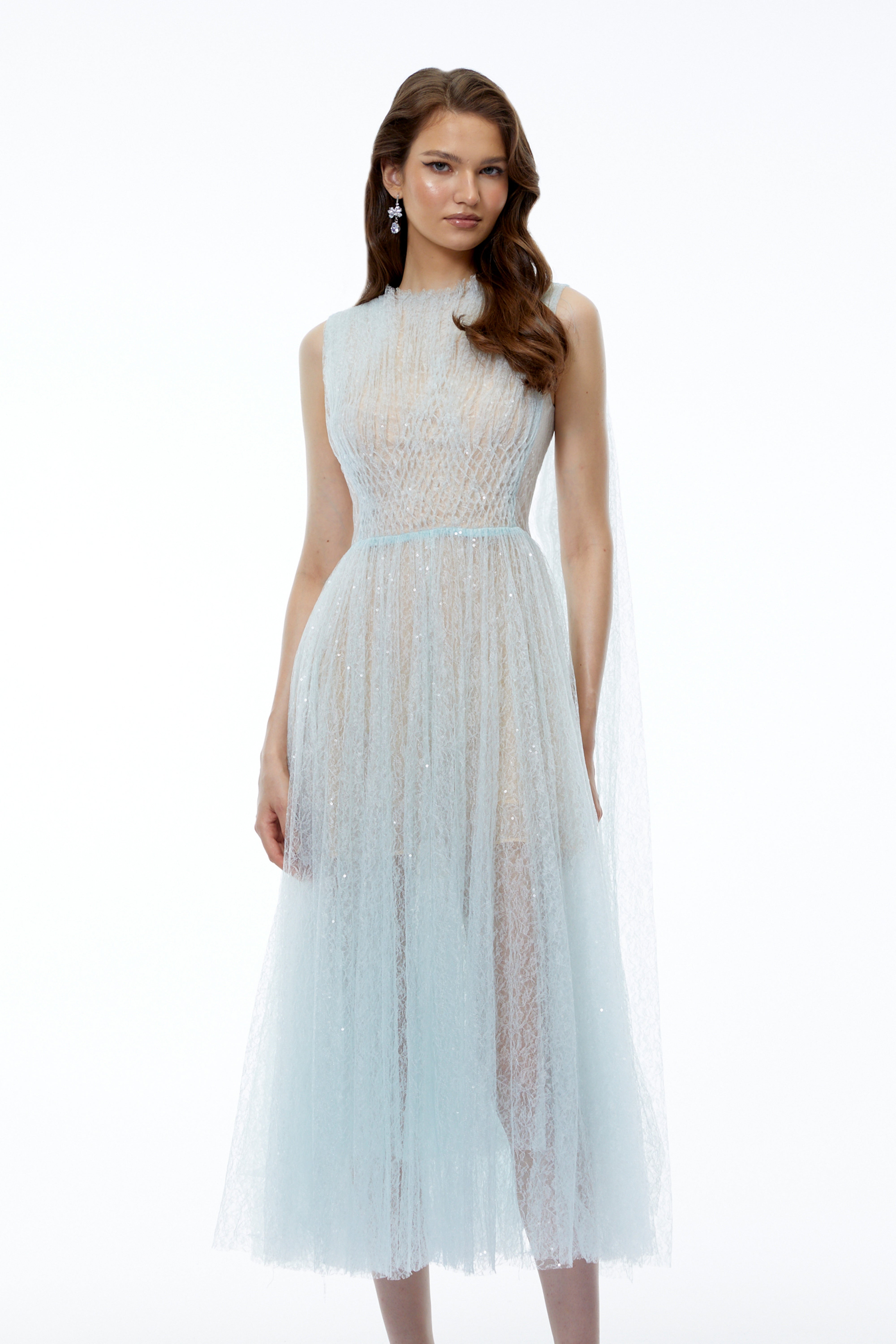 Margareta Ice Blue High Neck Ruched Midi Dress (Final Sale)