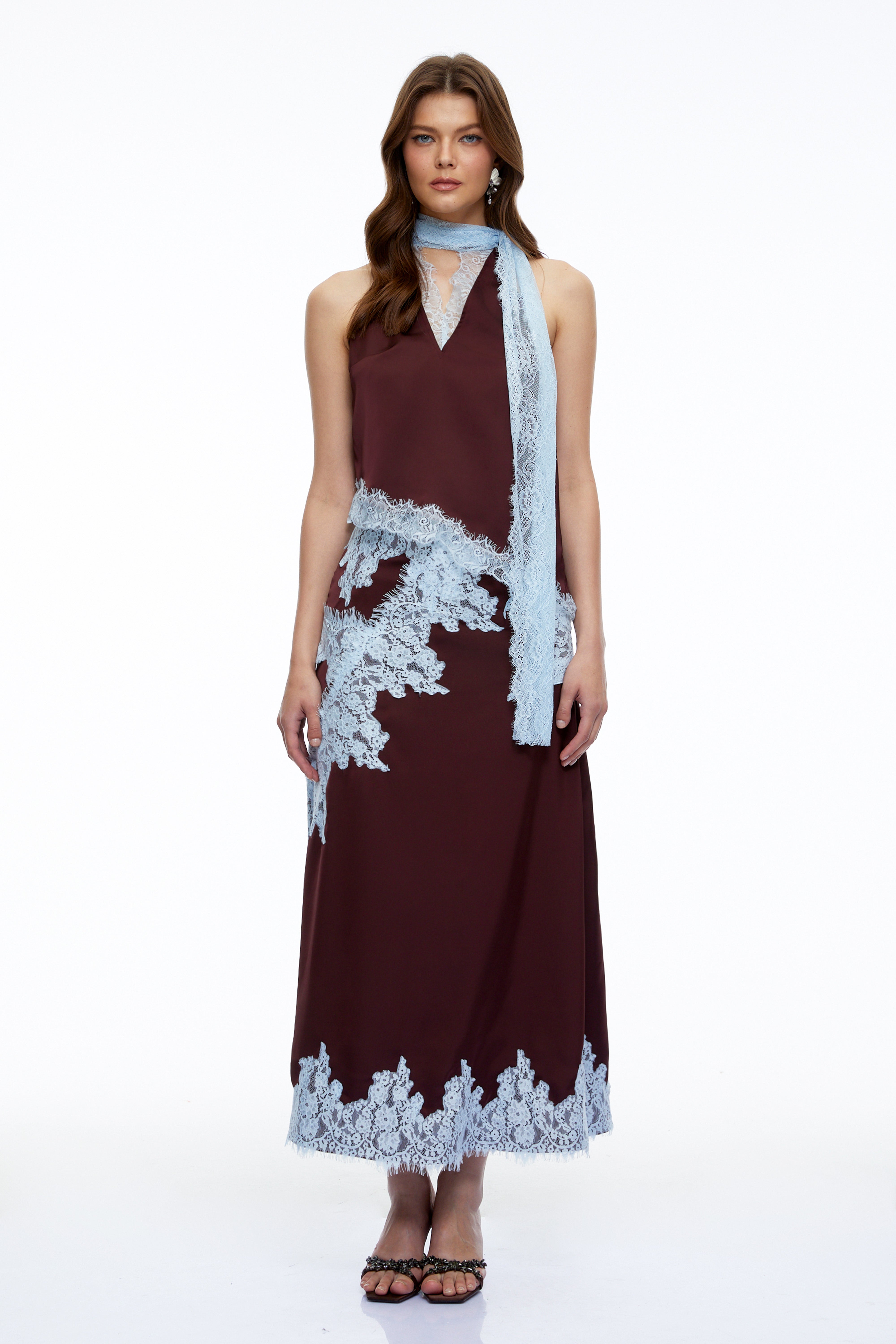 Maribel Brown Lace Trim Satin Top & Skirt Set