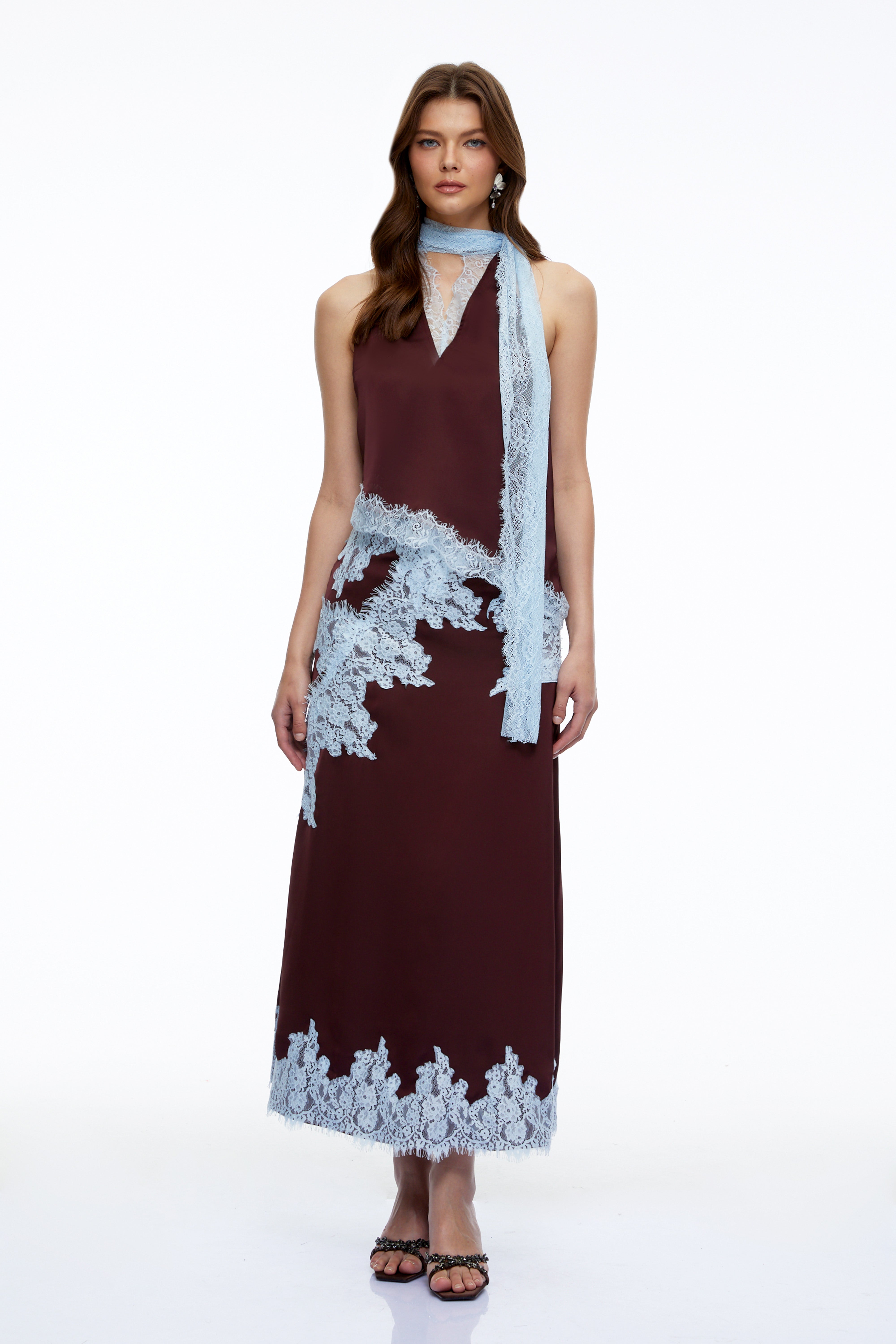 Maribel Brown Lace Trim Satin Top & Skirt Set