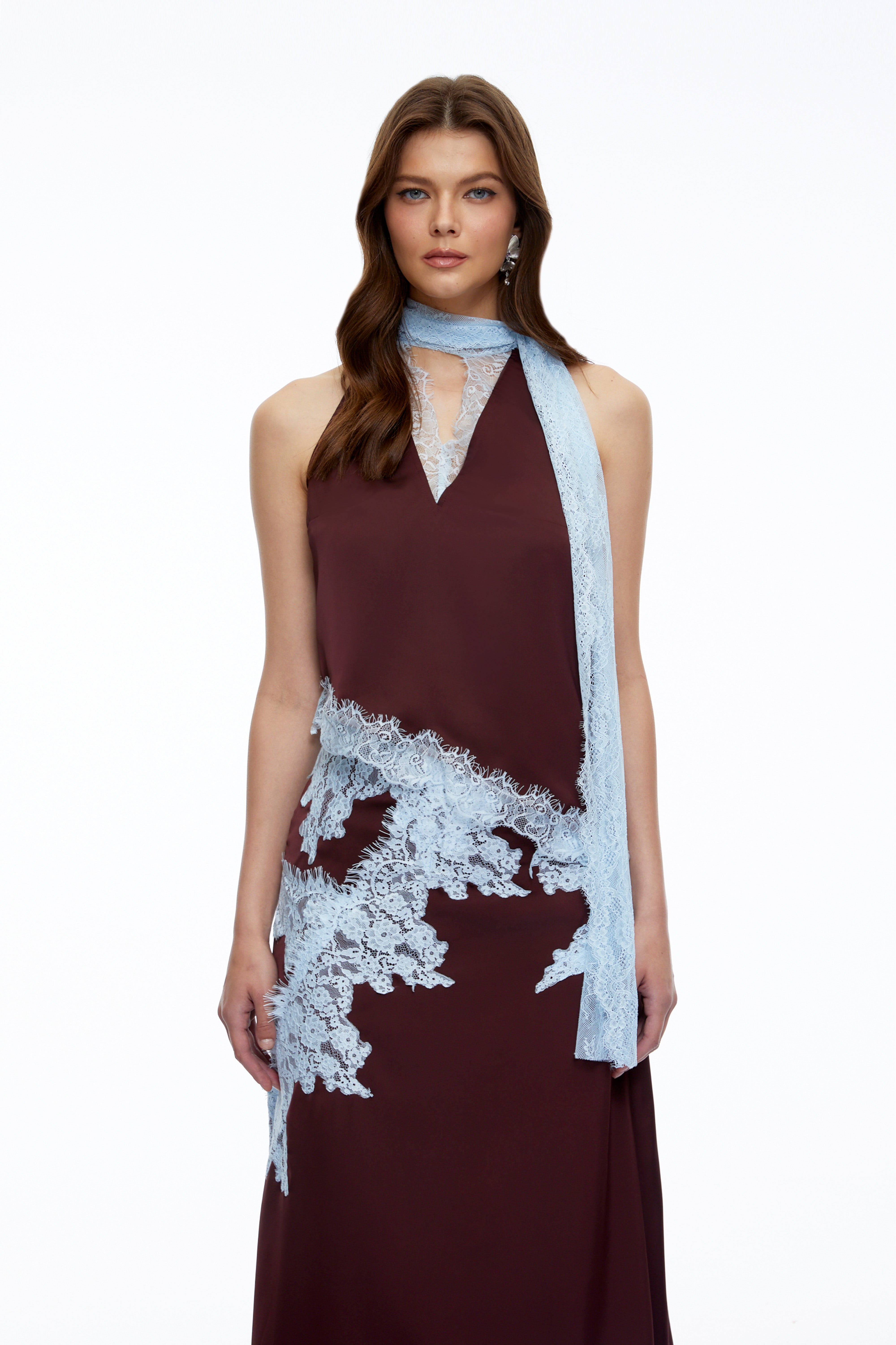Maribel Brown Lace Trim Satin Top & Skirt Set