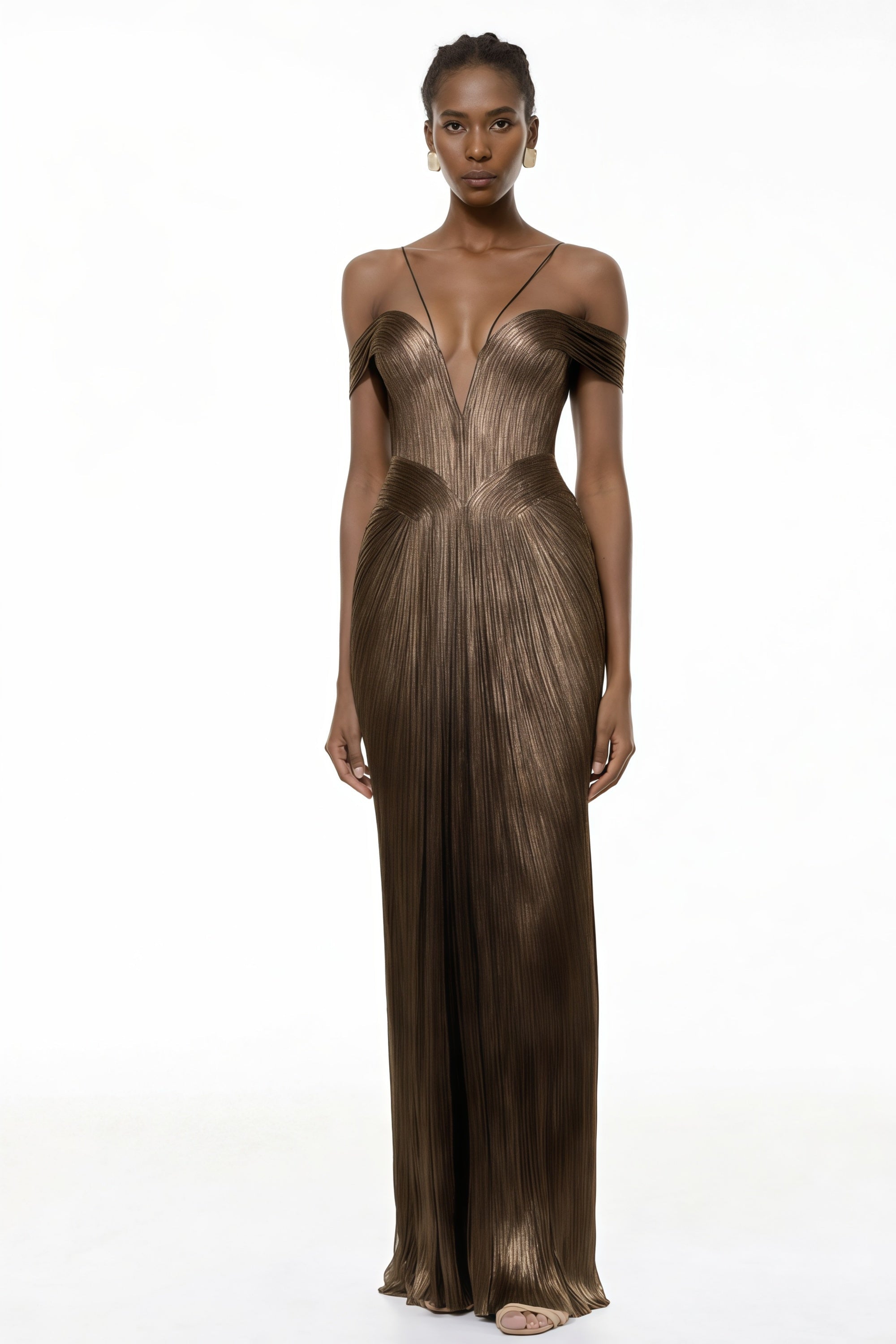Bronze metallic plissé maxi dress with a plunging V-neckline and off-the-shoulder straps