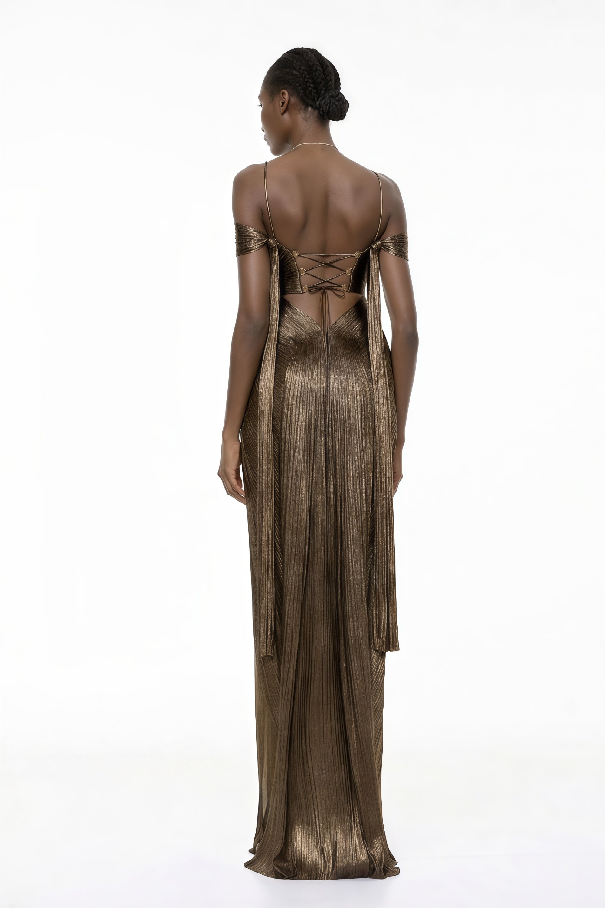 Bronze metallic plissé maxi dress with a plunging V-neckline and off-the-shoulder straps