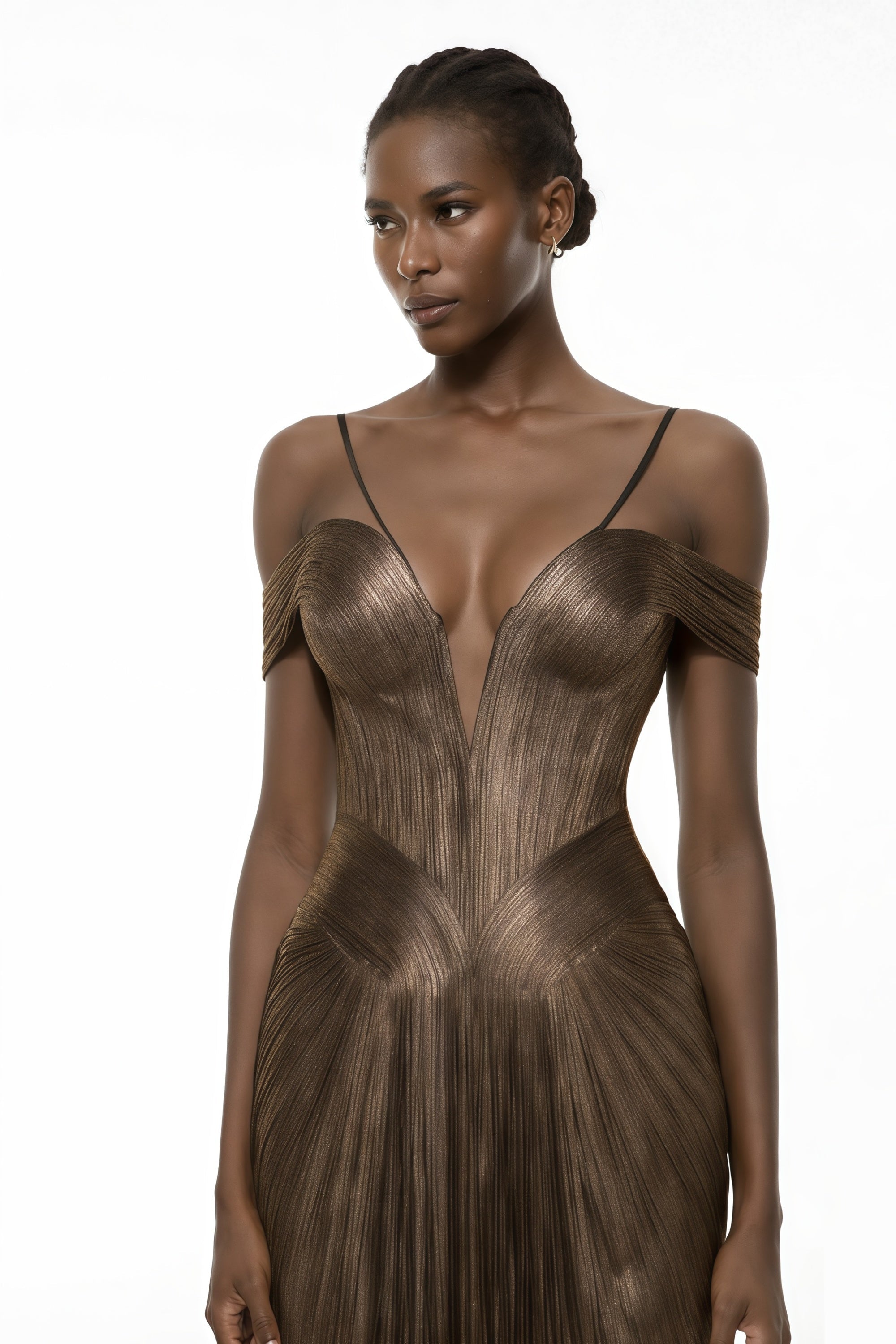 Bronze metallic plissé maxi dress with a plunging V-neckline and off-the-shoulder straps