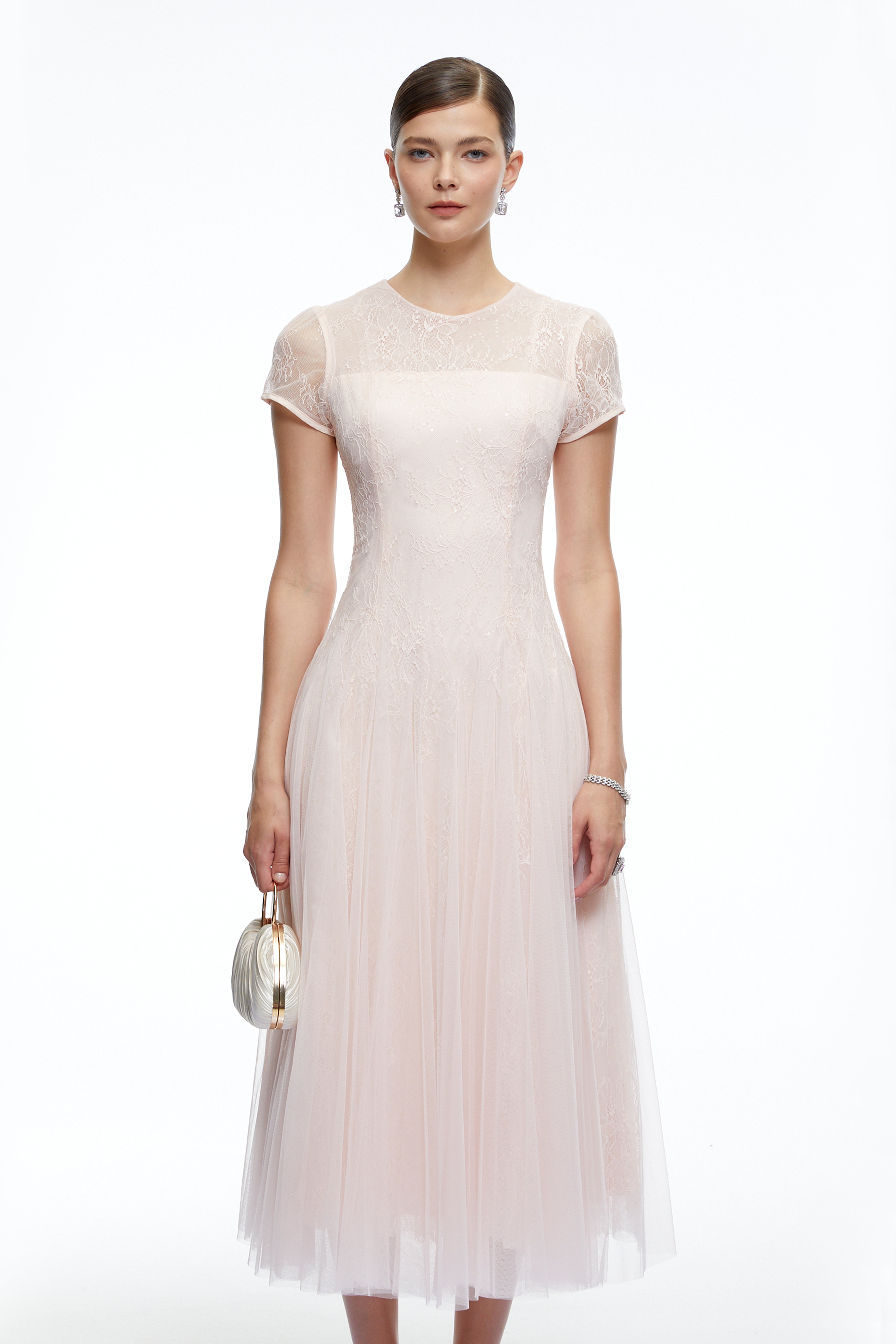 Marnie Pink Short Sleeves Sequin Midi Dress