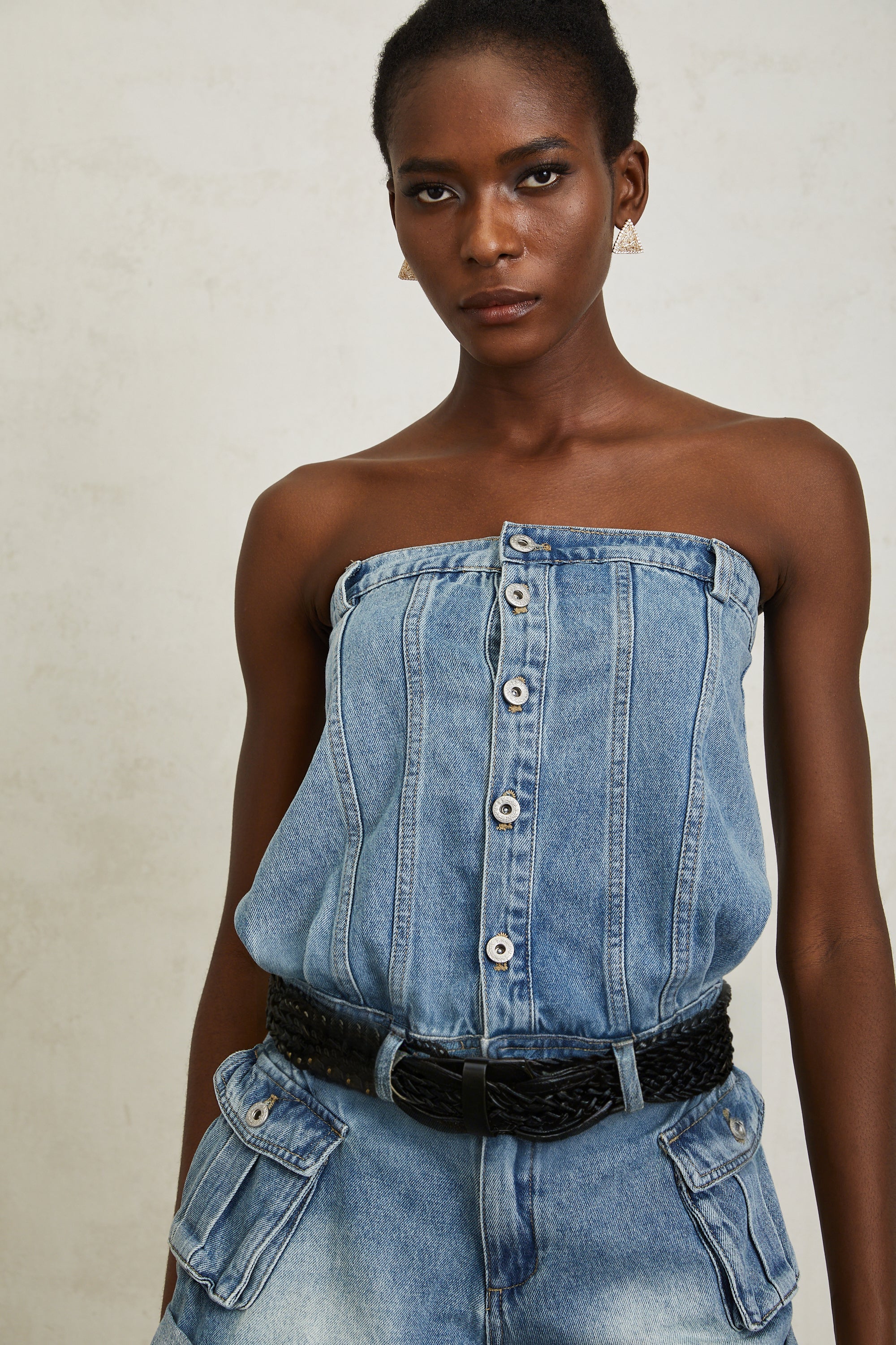 Marta Blue Faded Effect Denim Playsuit