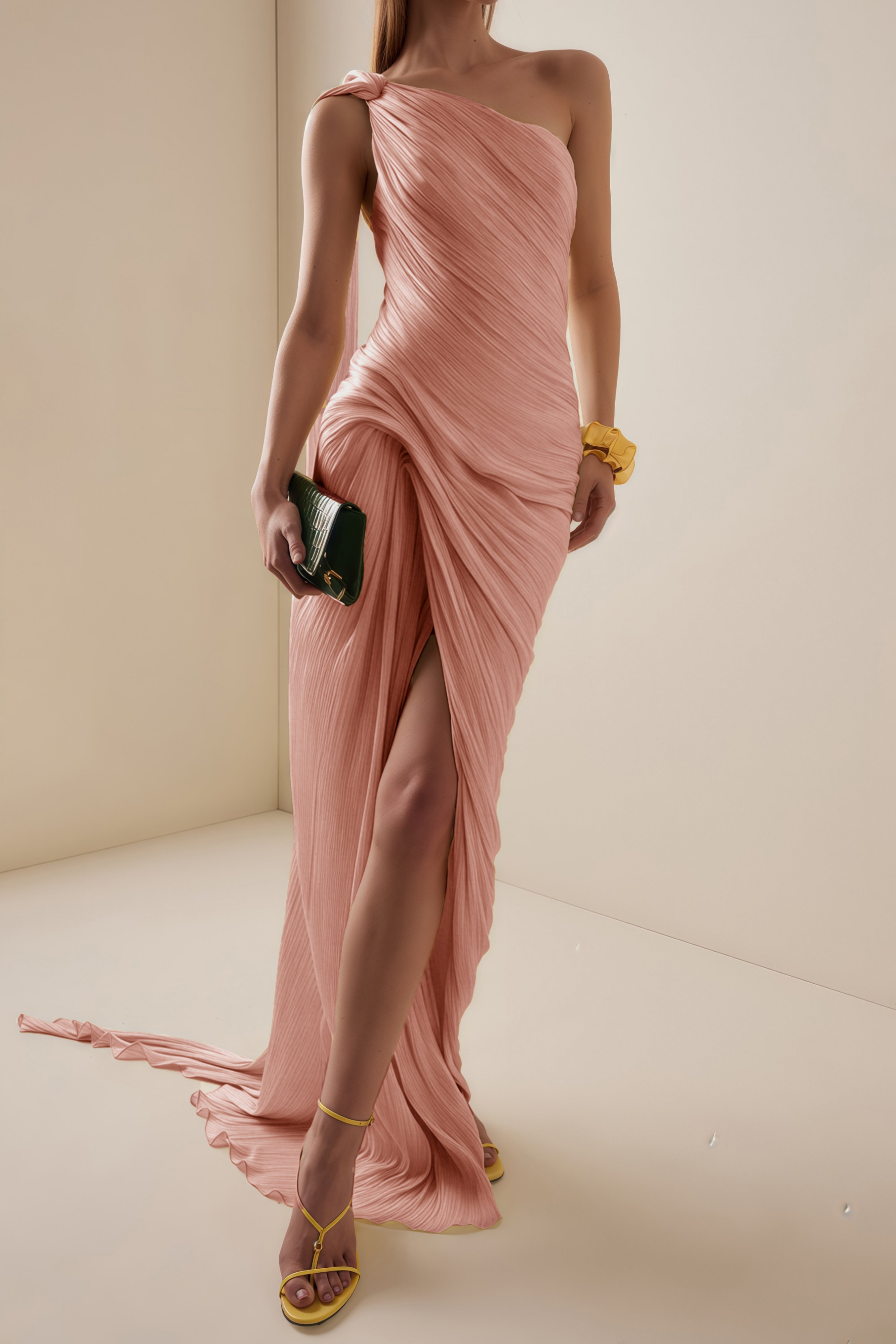 Meissa Pink Asymmetrical Ruched Maxi Dress