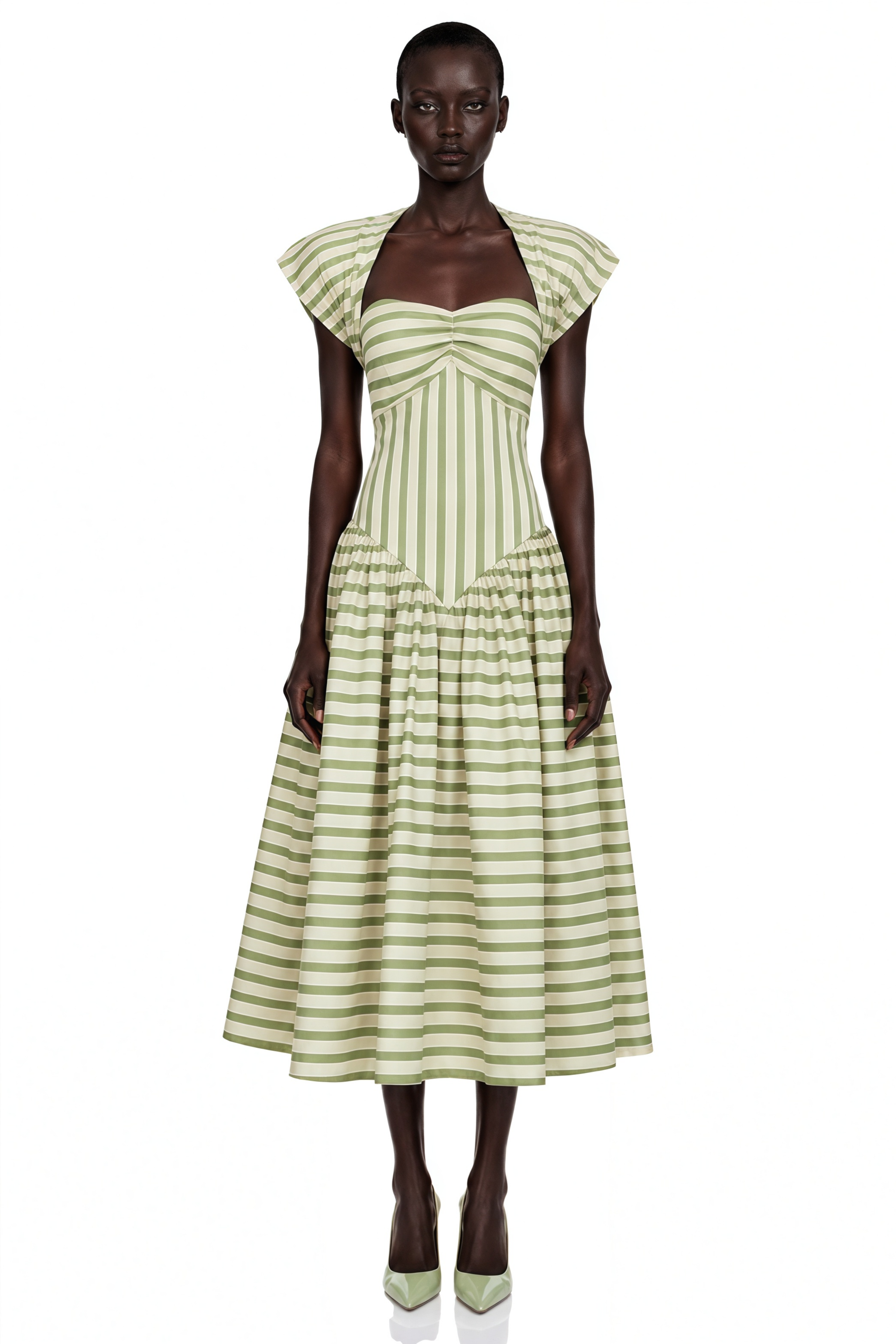 Melissa Emerald Green Sweetheart Midi Dress with Horizontal Stripes