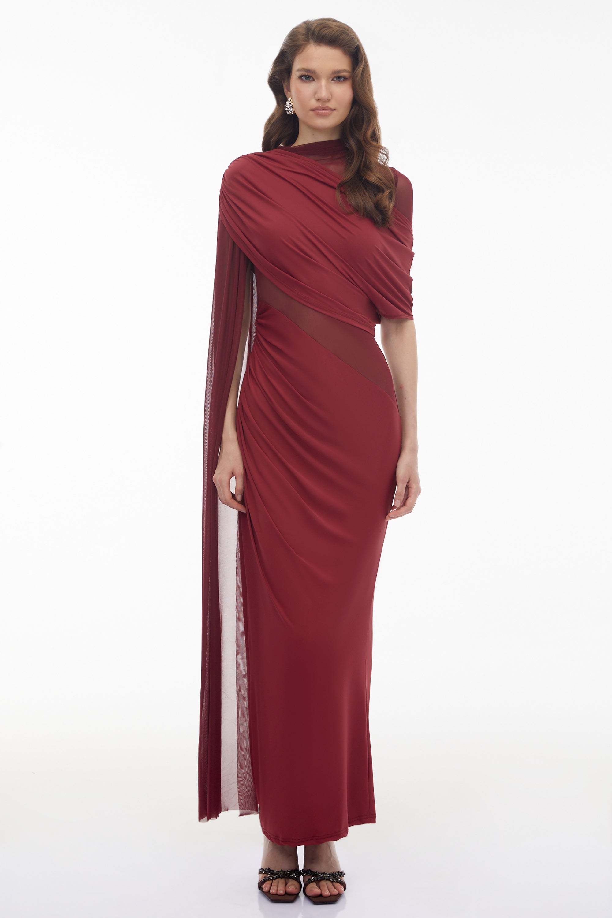 Mioara Red Asymmetrical Draped Cape Design Dress (Final Sale-US Only)