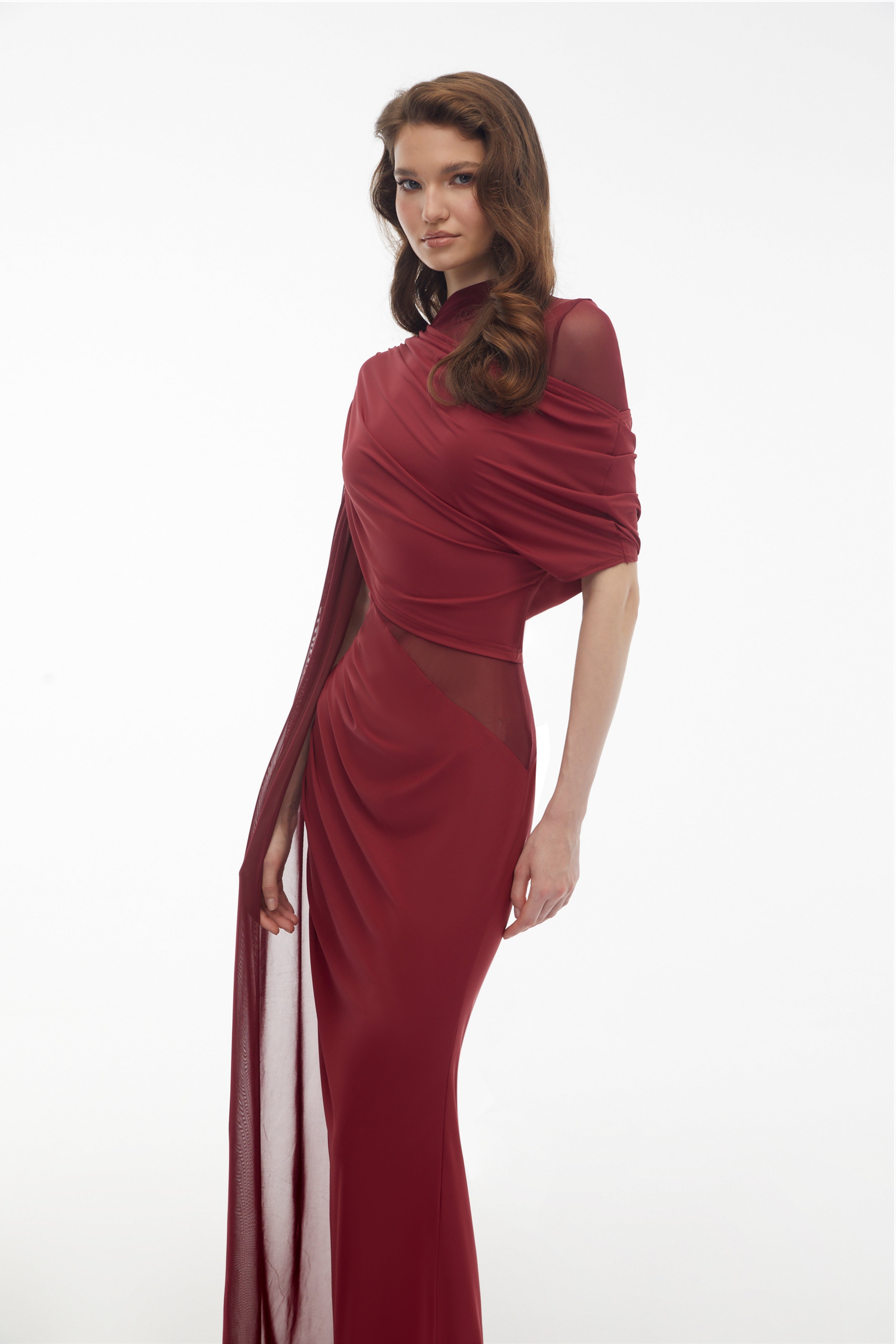 Mioara Red Asymmetrical Draped Cape Design Dress (Final Sale-US Only)