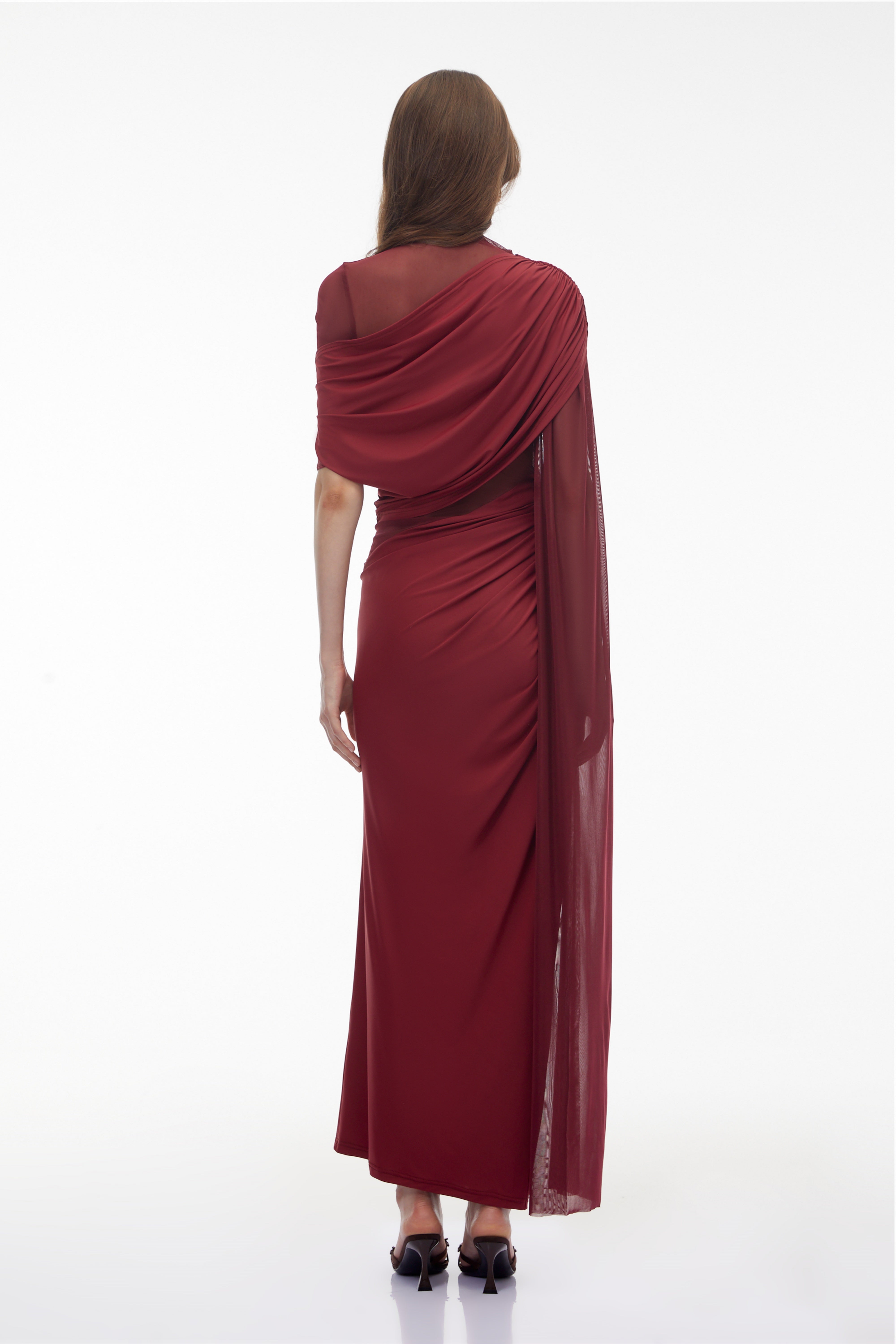 Mioara Red Asymmetrical Draped Cape Design Dress (Final Sale-US Only)