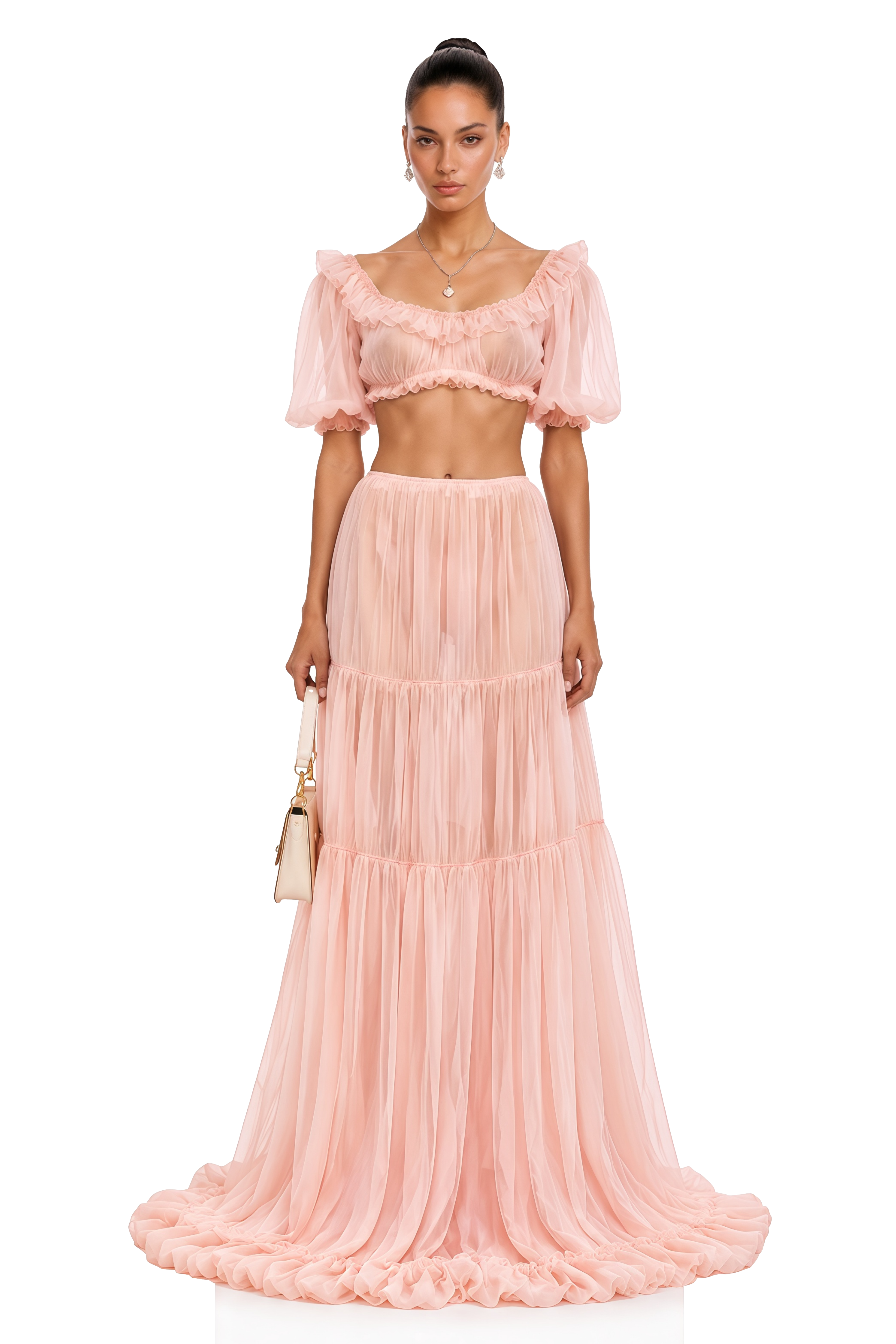 Miranda Pink Puff Sleeves Crop Top & Ruffled Skirt Set
