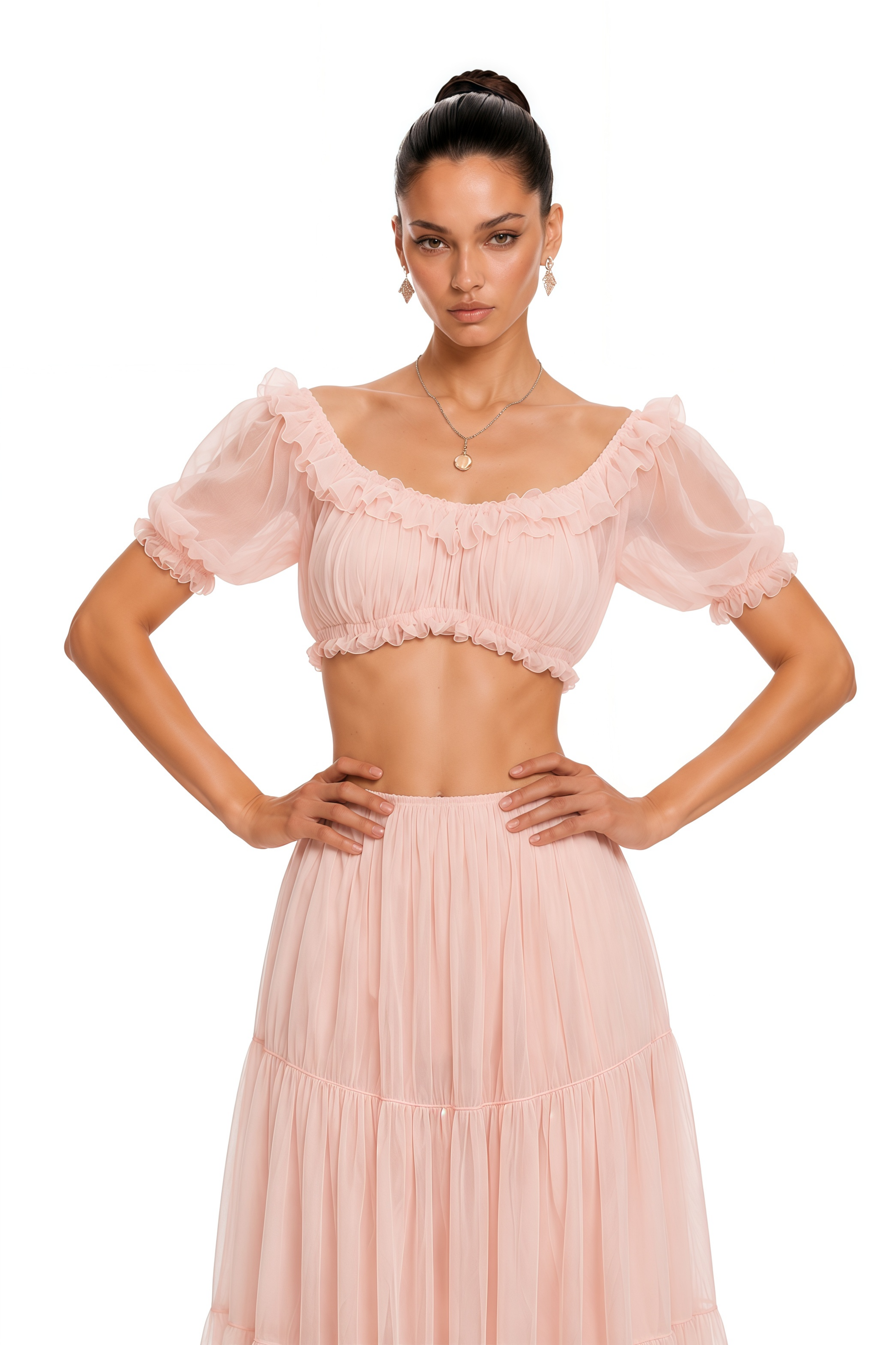 Miranda Pink Puff Sleeves Crop Top & Ruffled Skirt Set
