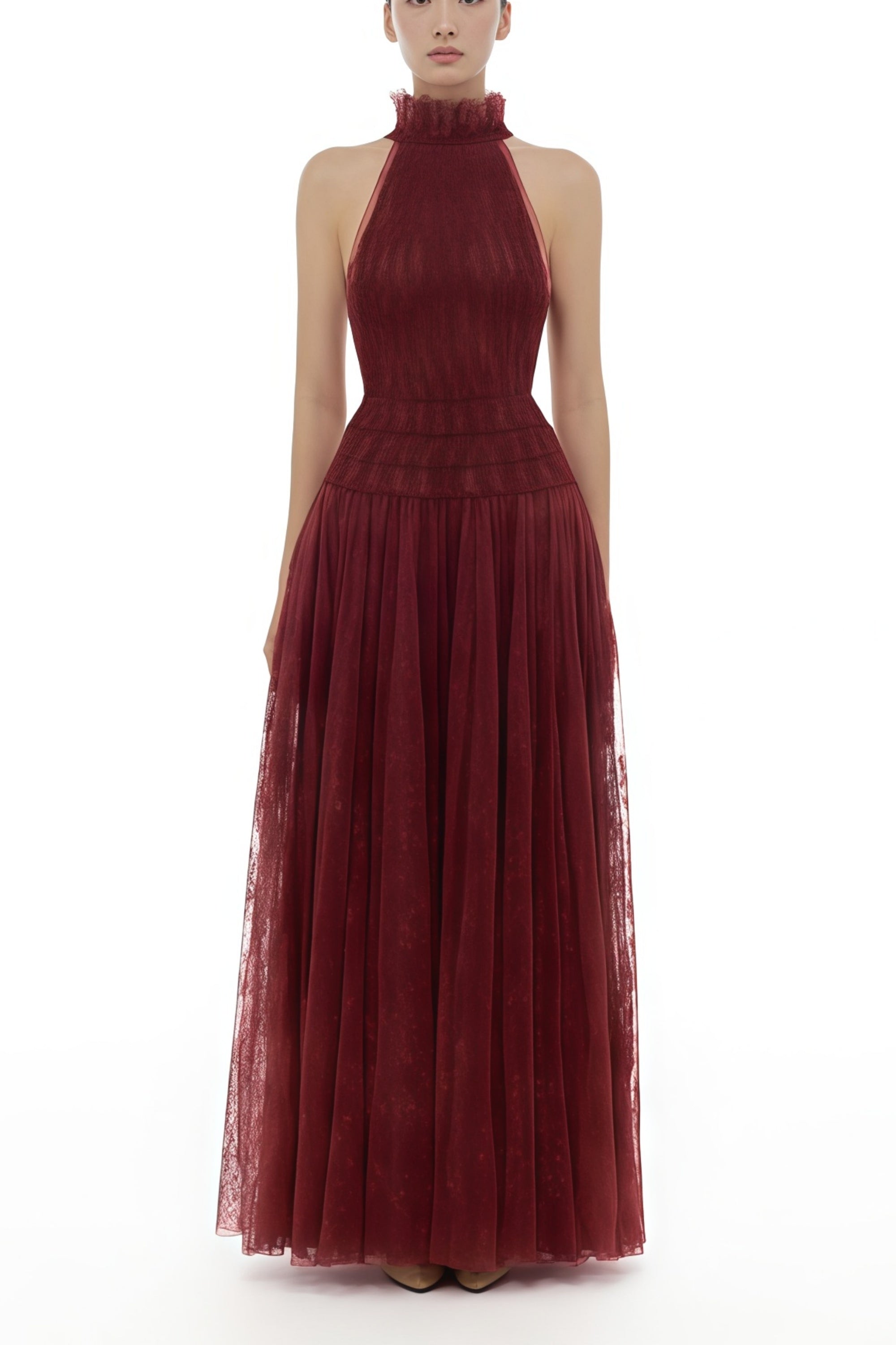 Burgundy Smocked Lace Maxi Dress