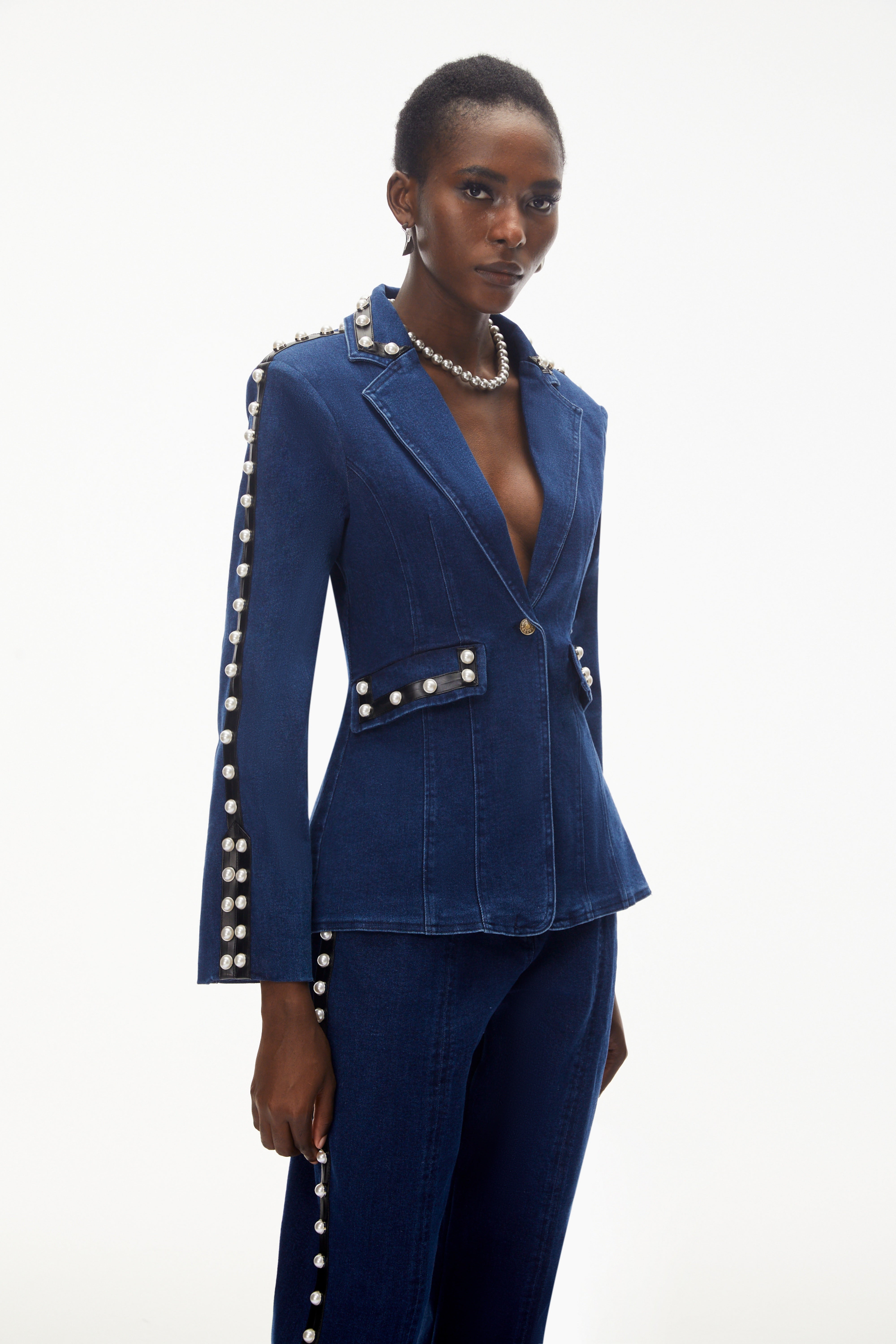 Morgause Blue Embellished Denim Jacket & Trouser Set (Final Sale)