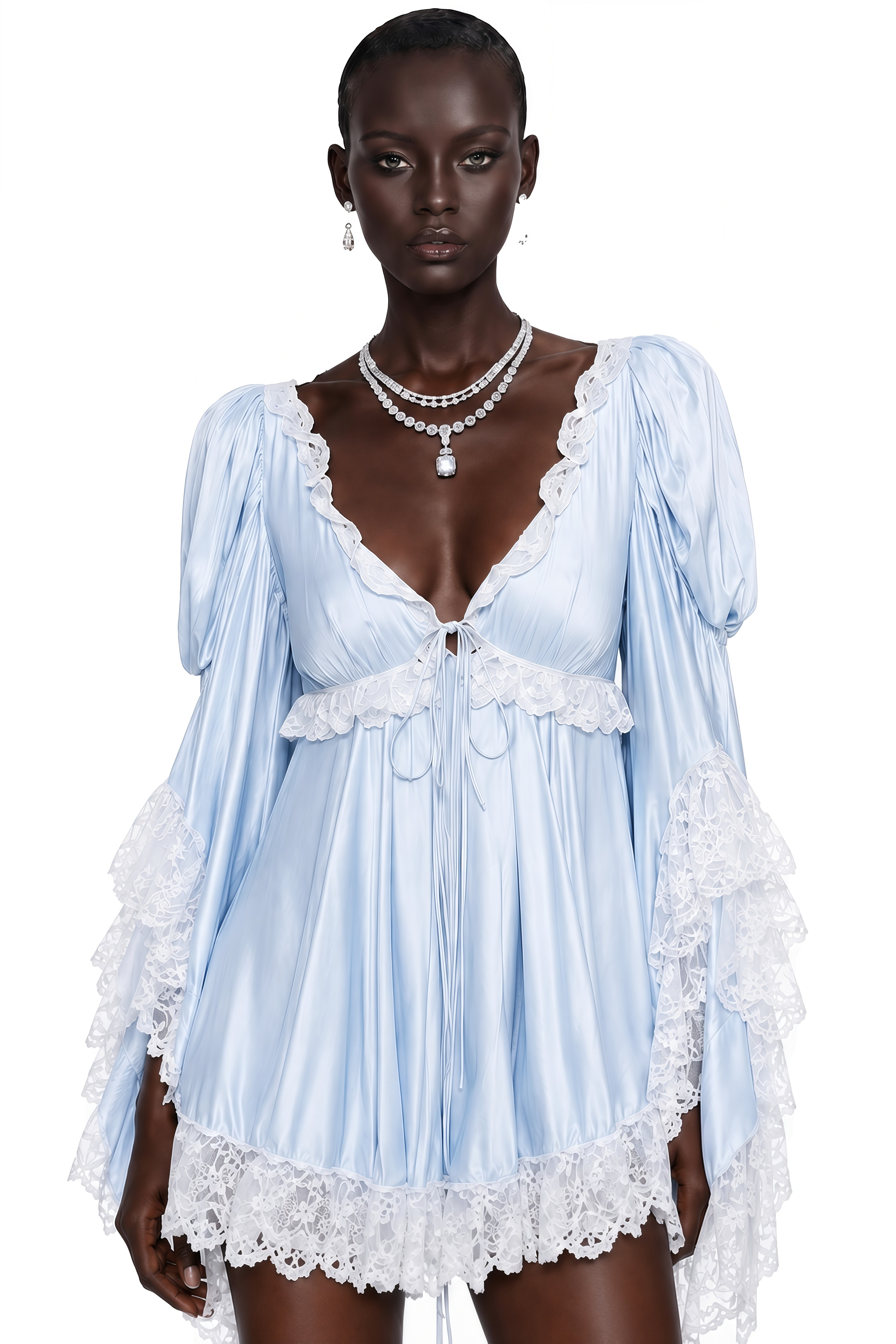 Ngawai Blue Sweetheart Mini Dress with Lace Trim
