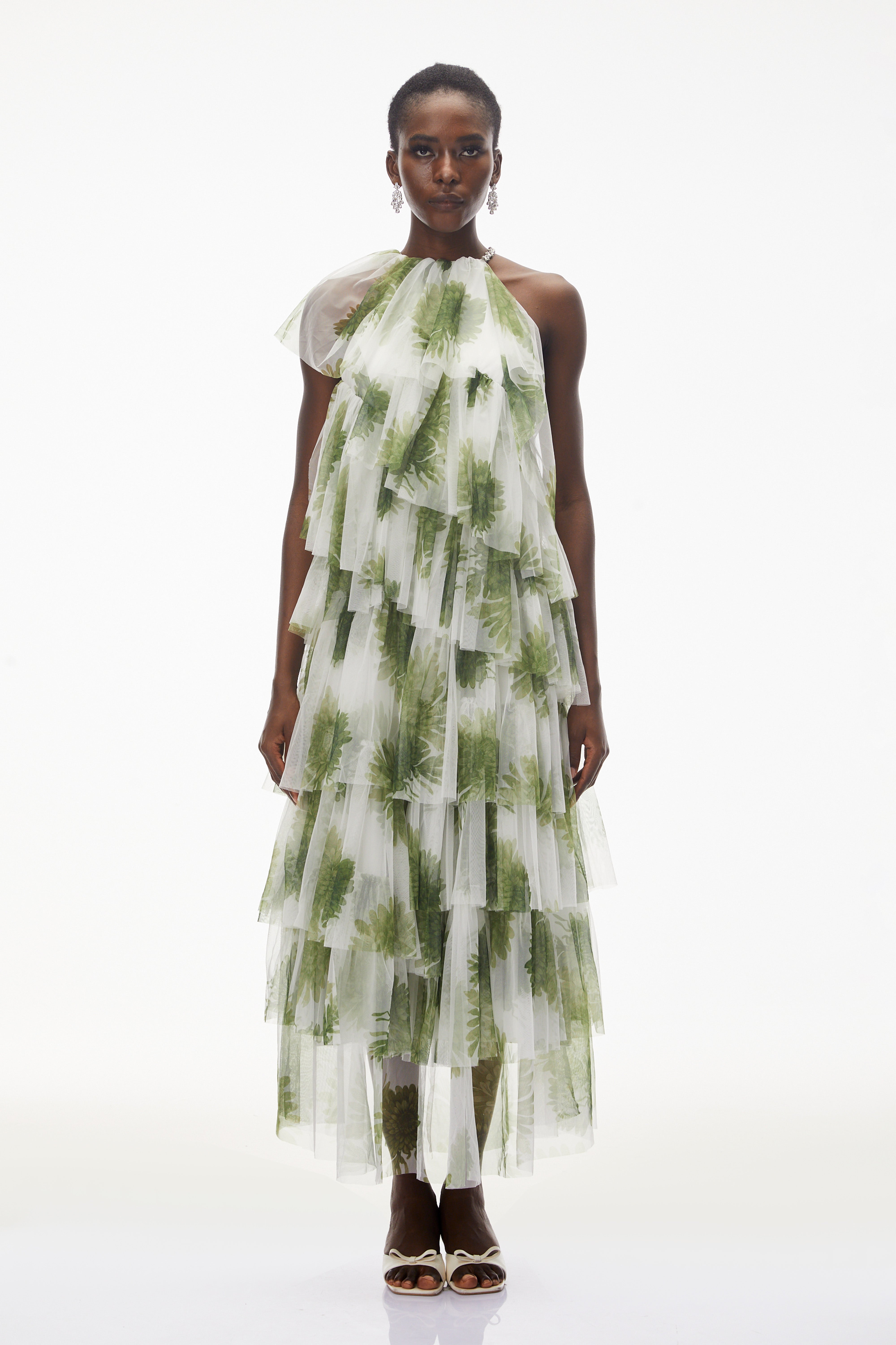 Nitzan Green Printed Tiered Maxi Dress with Sheer Overlay (Final Sale)
