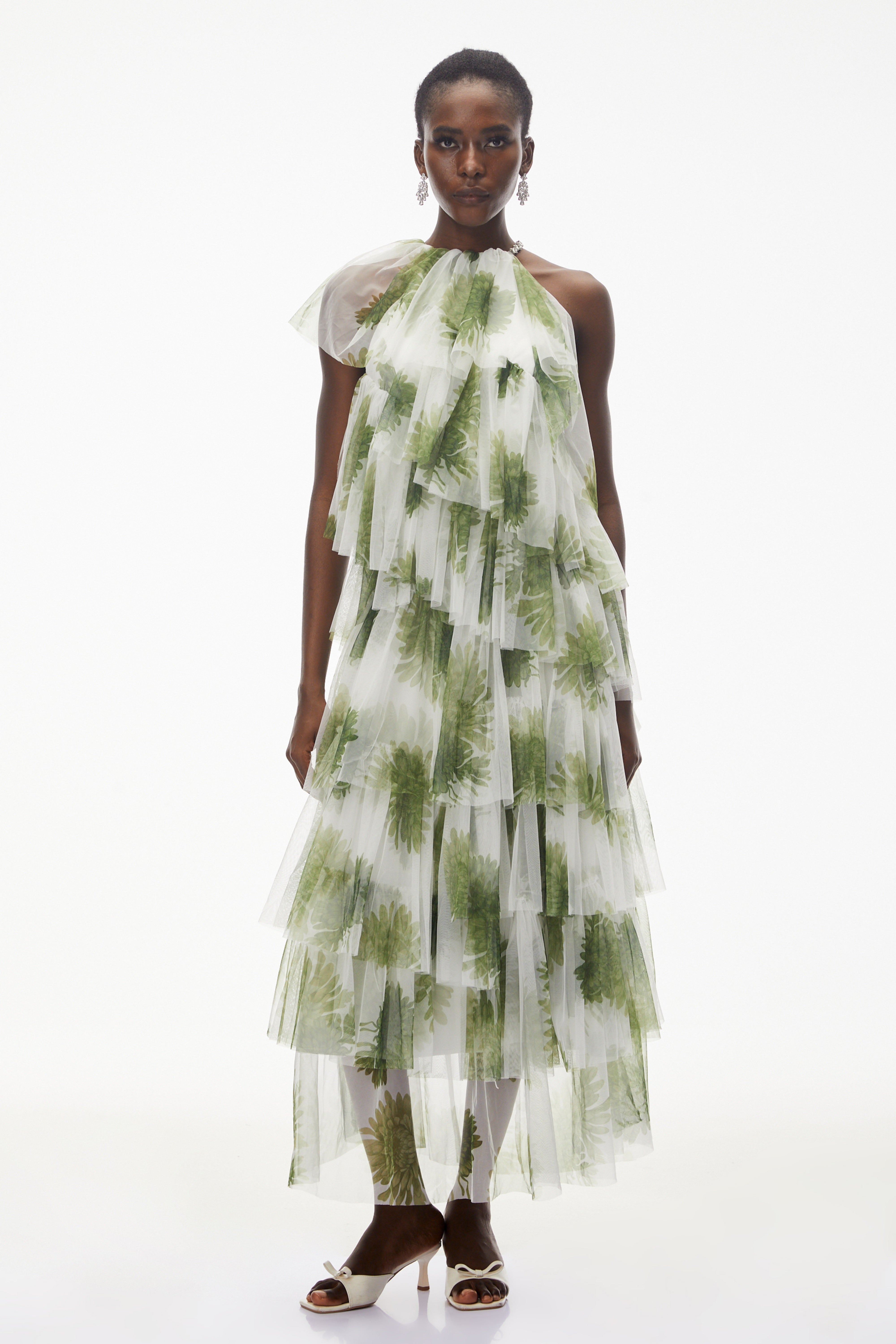 Nitzan Green Printed Tiered Maxi Dress with Sheer Overlay (Final Sale)
