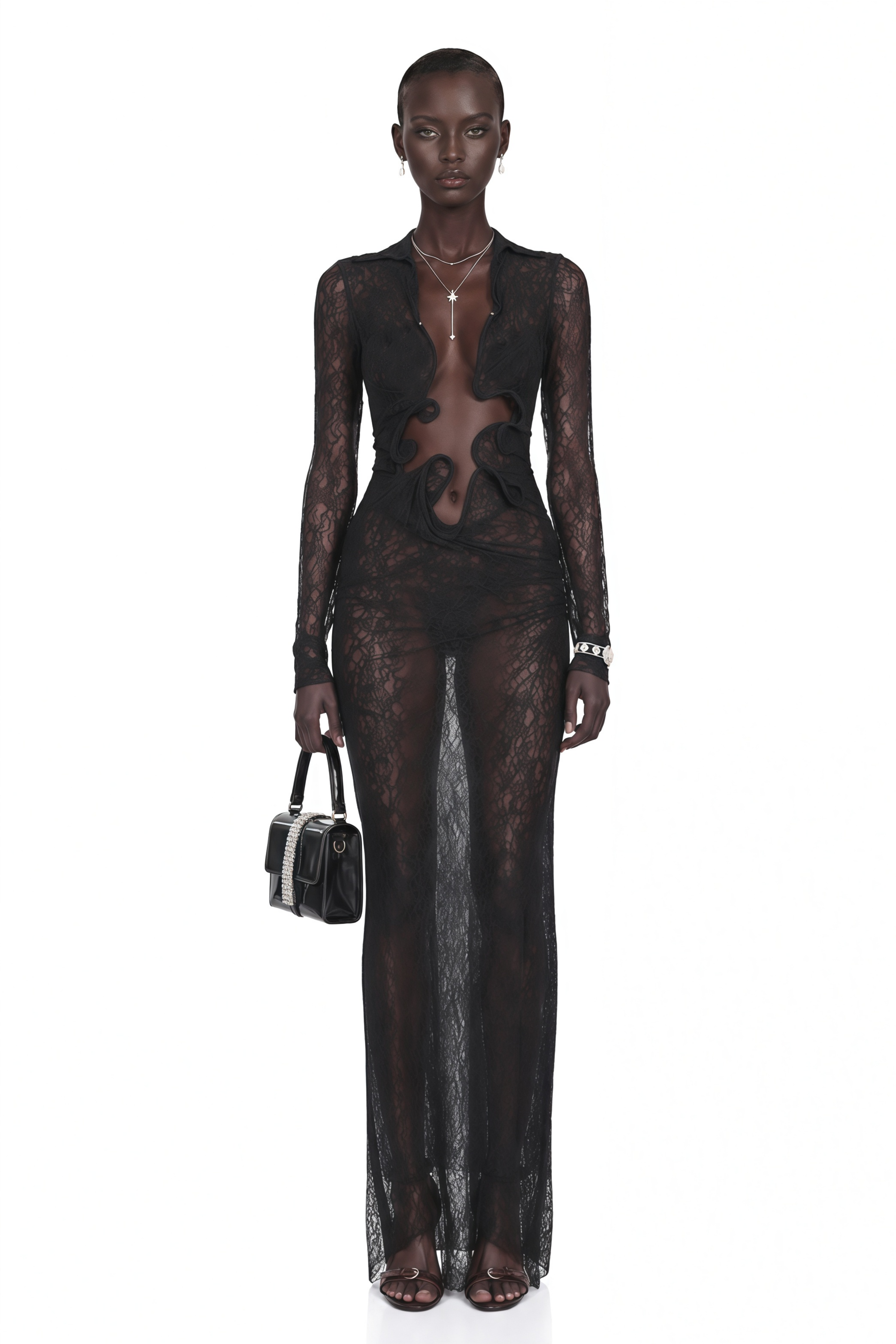 Noemie Black Lace Maxi Dress with Cut-Outs