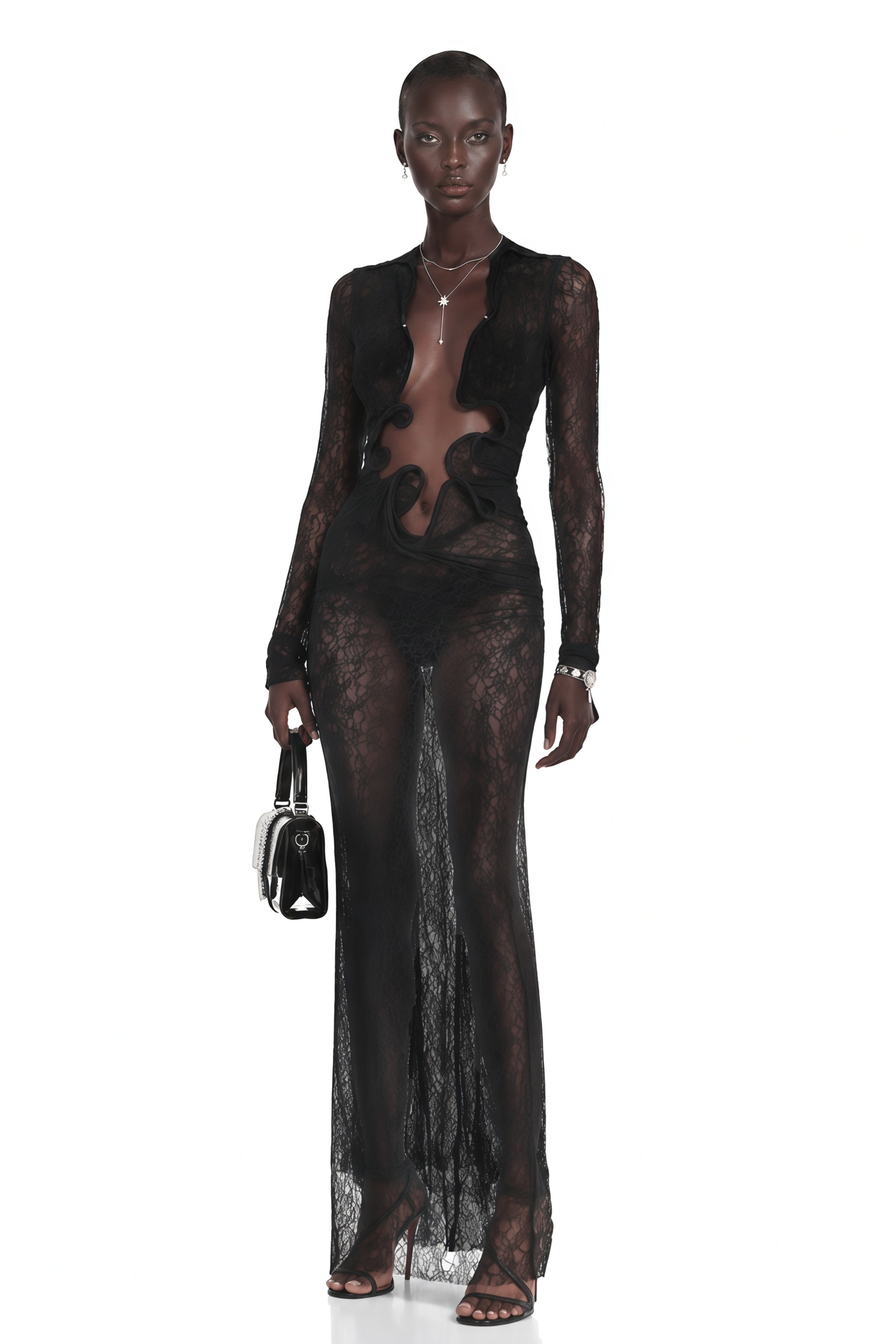 Noemie Black Lace Maxi Dress with Cut-Outs