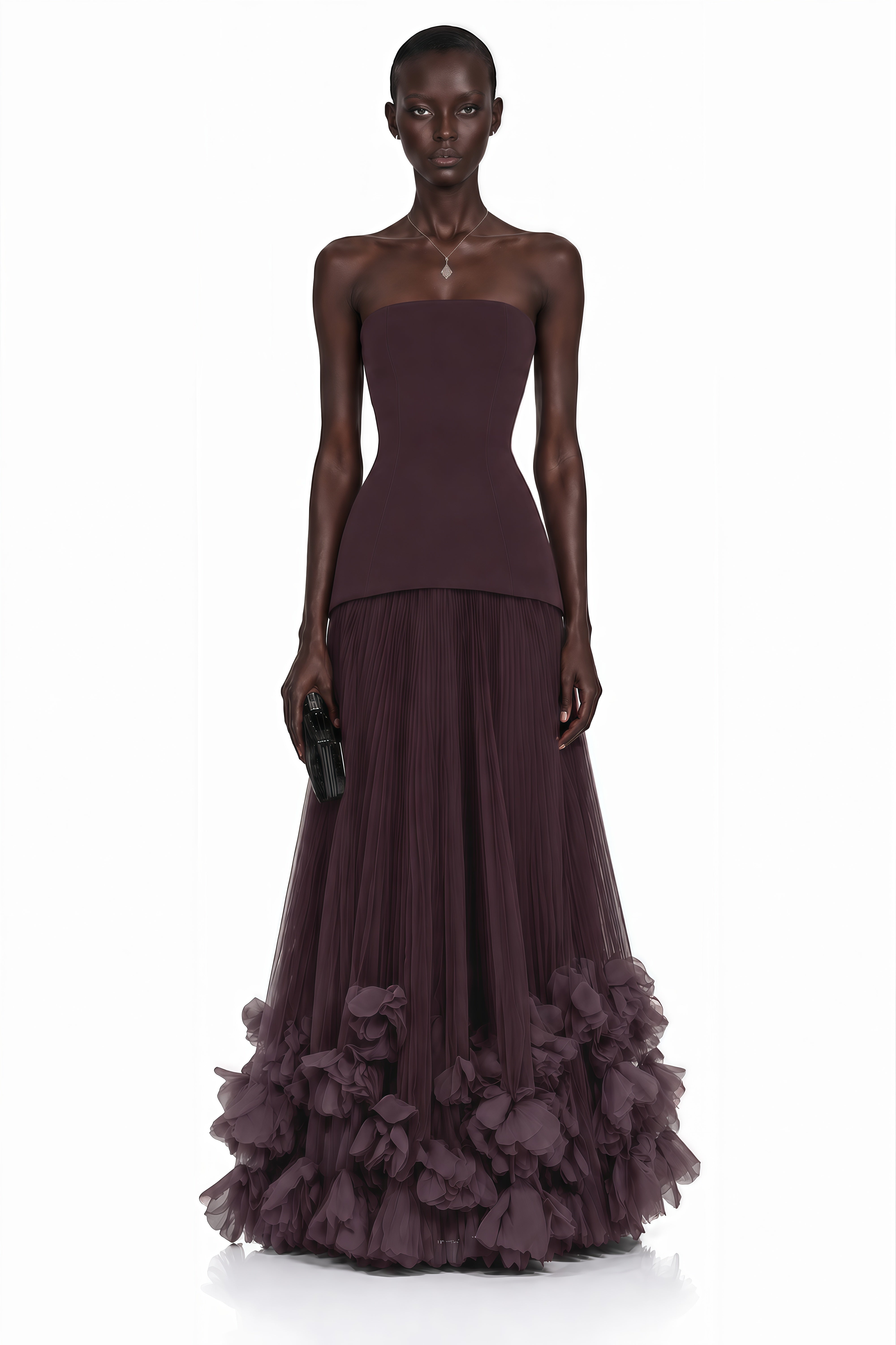 Dark plum strapless gown with a pleated tulle skirt