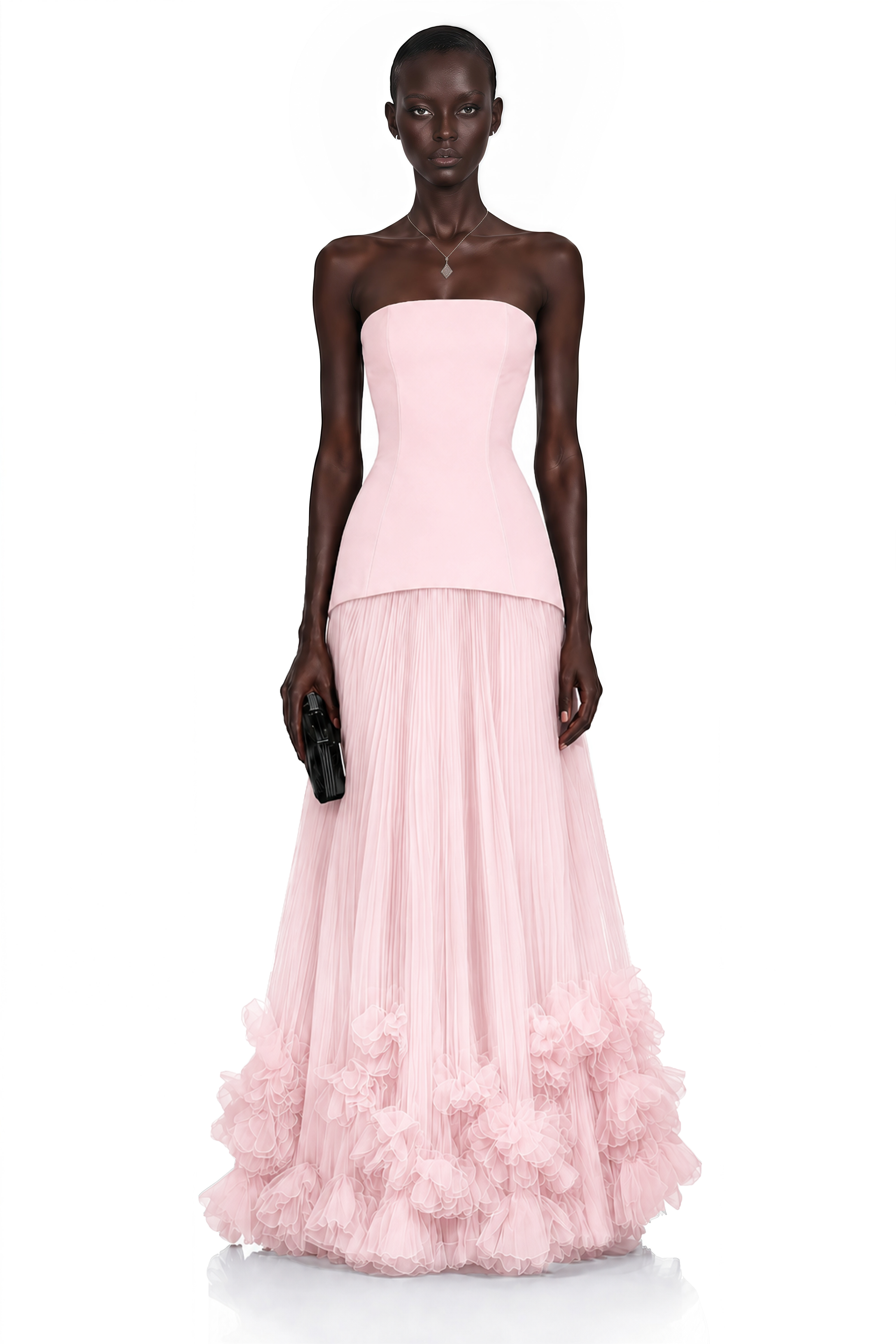 Océane Pink Off Shoulder Pleated Maxi Dress with 3D Florals