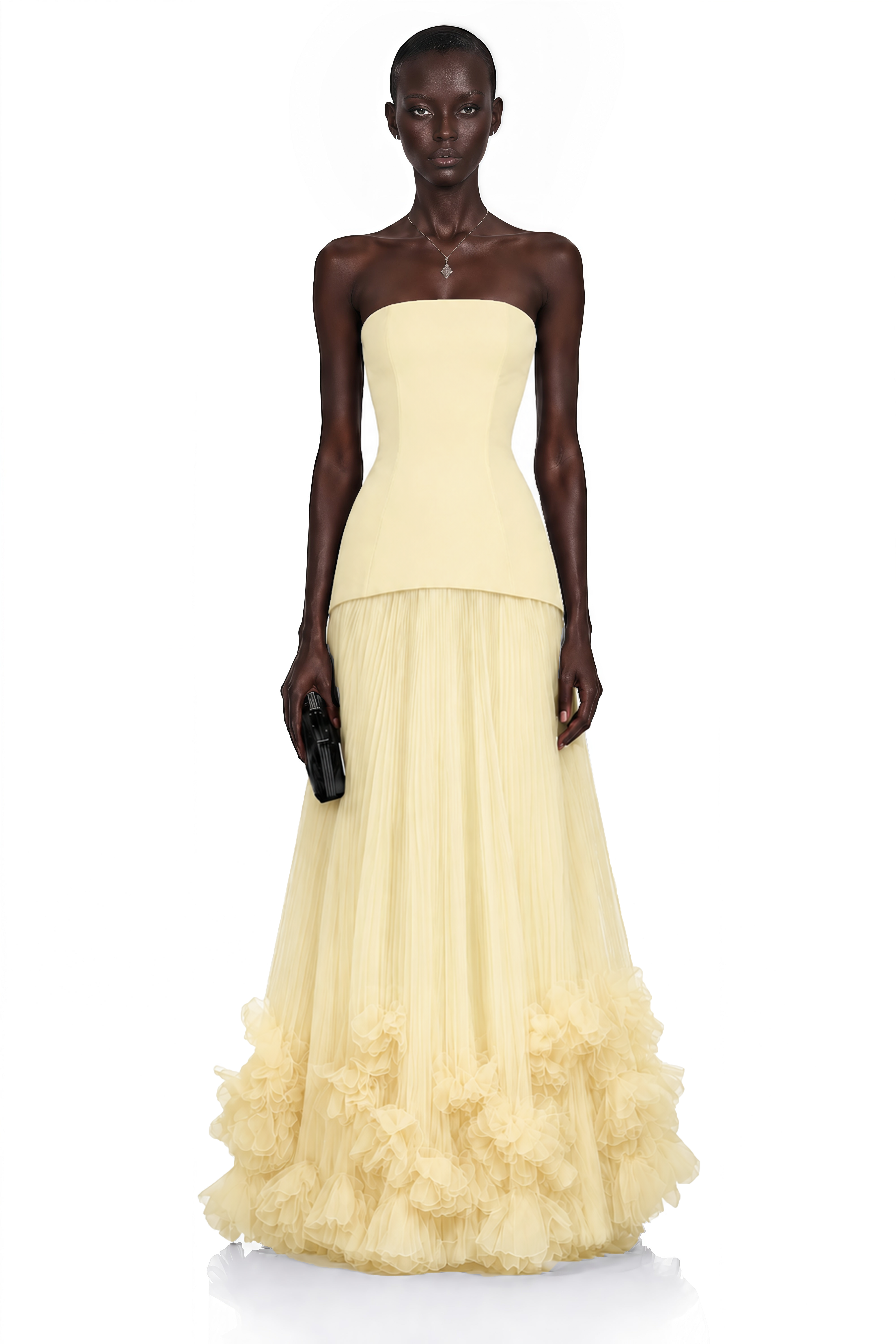 Océane Yellow Off Shoulder Pleated Maxi Dress with 3D Florals