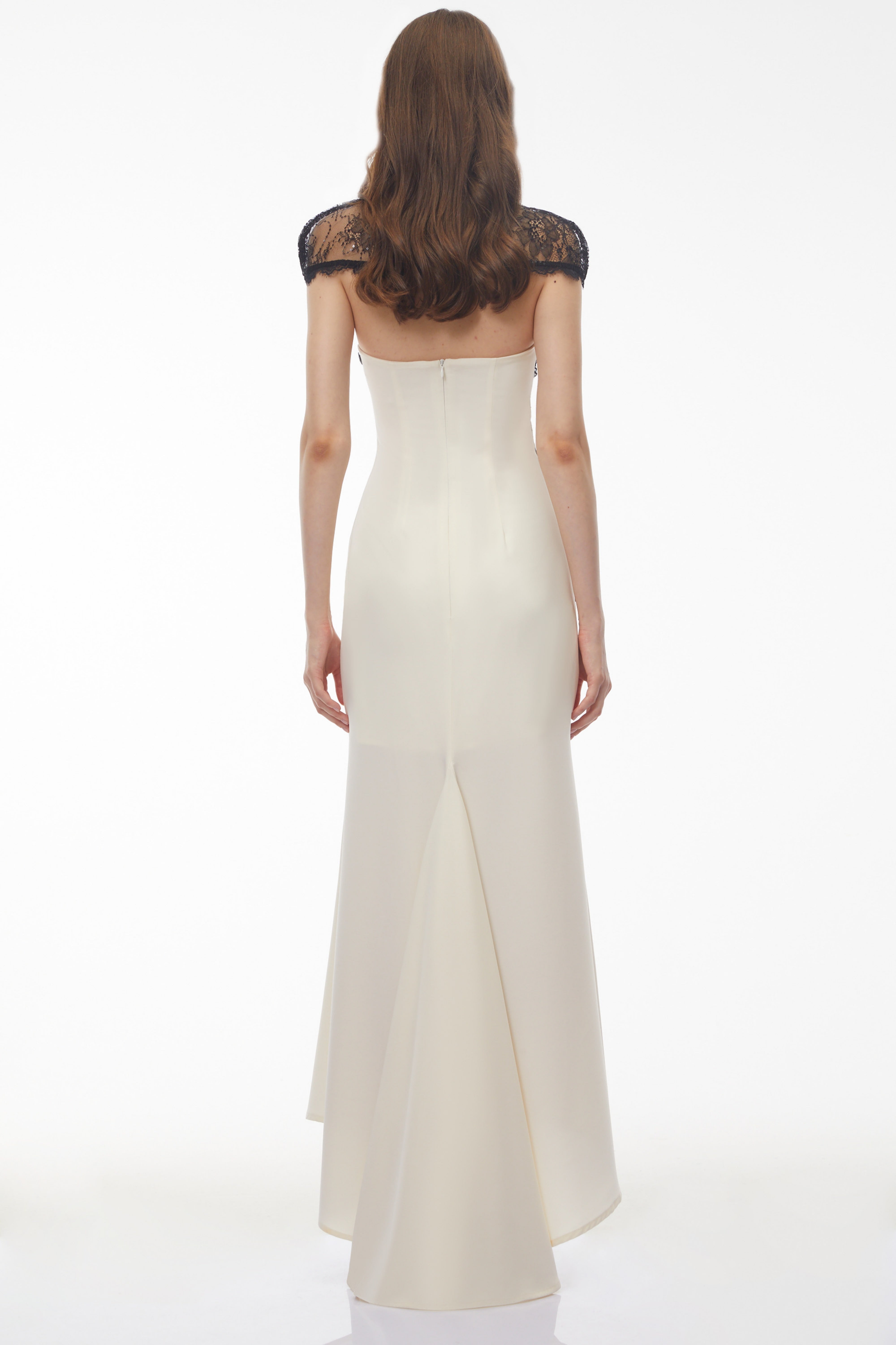 White Satin Mermaid Gown with Black Lace Bolero and Side Panels