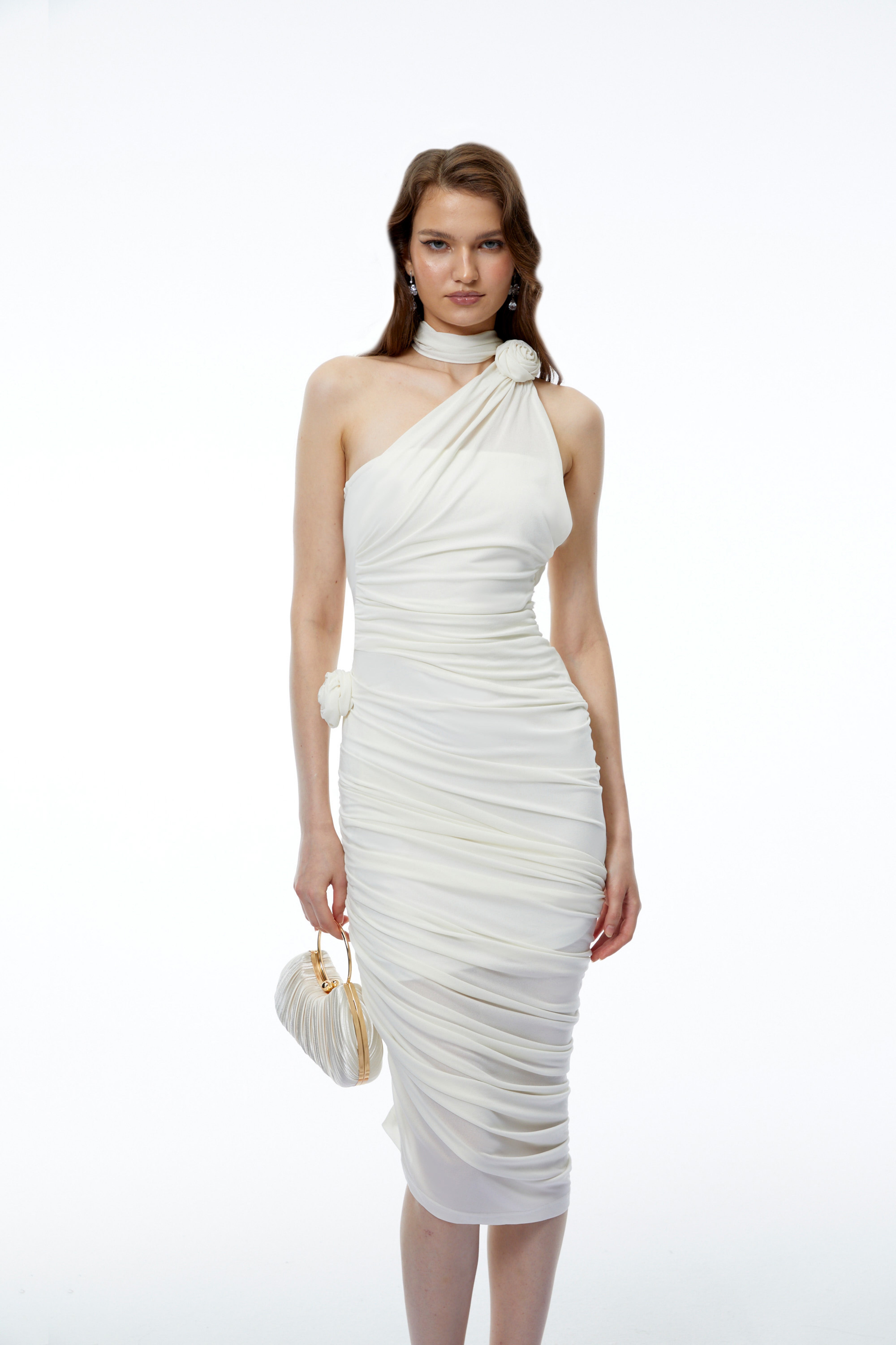 Olivia White Halterneck Ruched Midi Dress with 3D Florals (Final Sale-US Only)