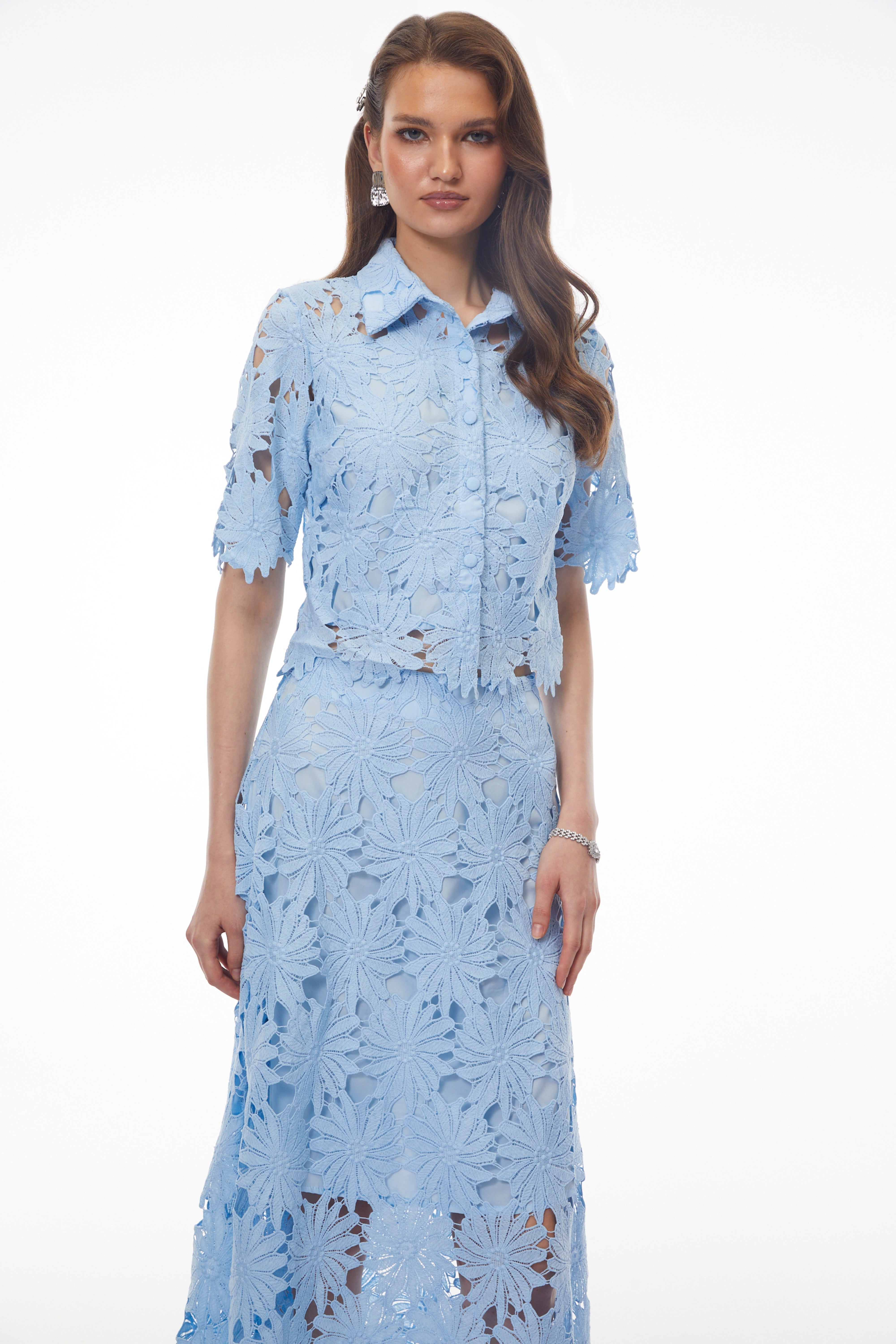 Ophelia Baby Blue Lace Blouse & Skirt Set with Lapels