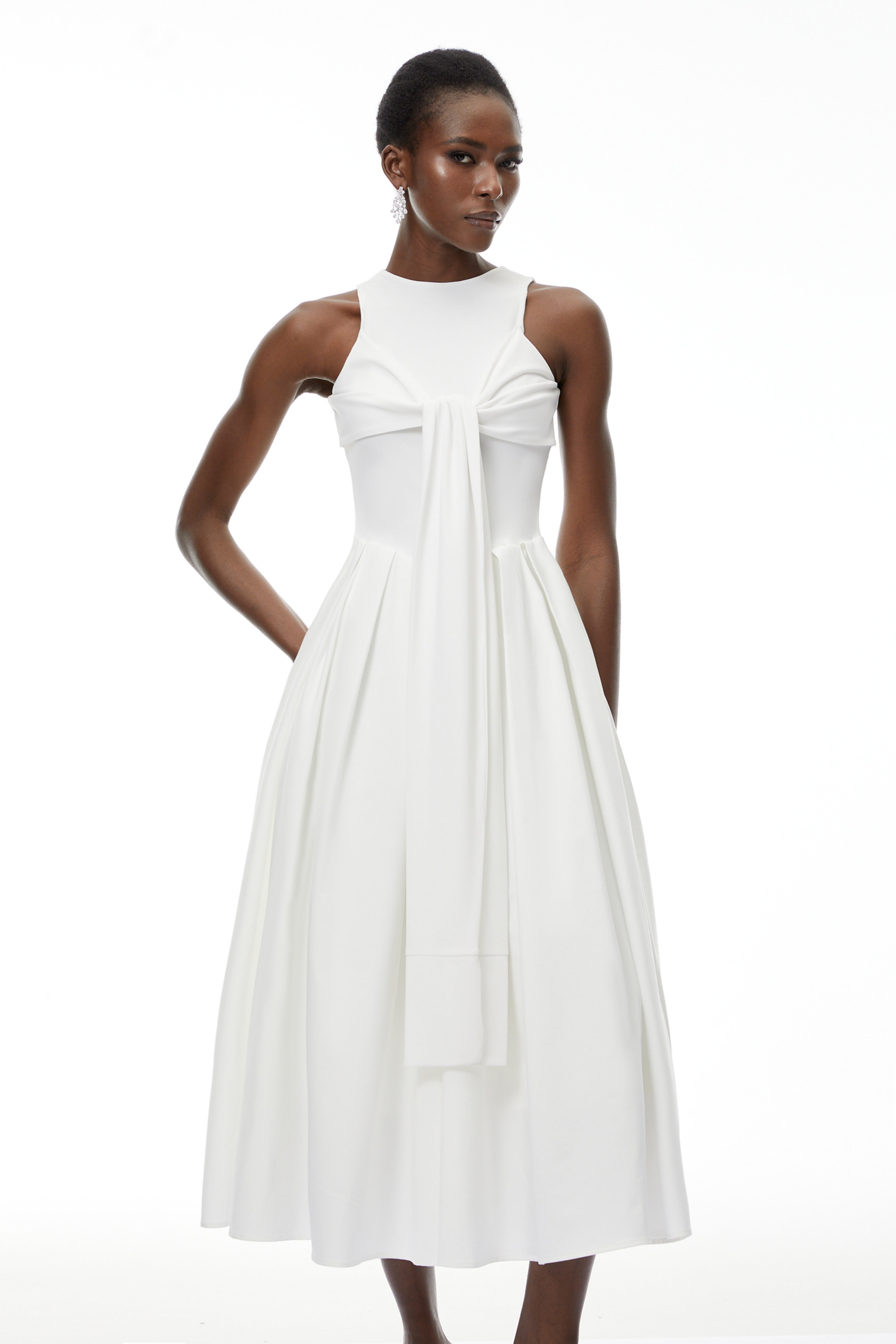 Ophelia White Pleated Midi Dress with Self-tie (Final Sale)