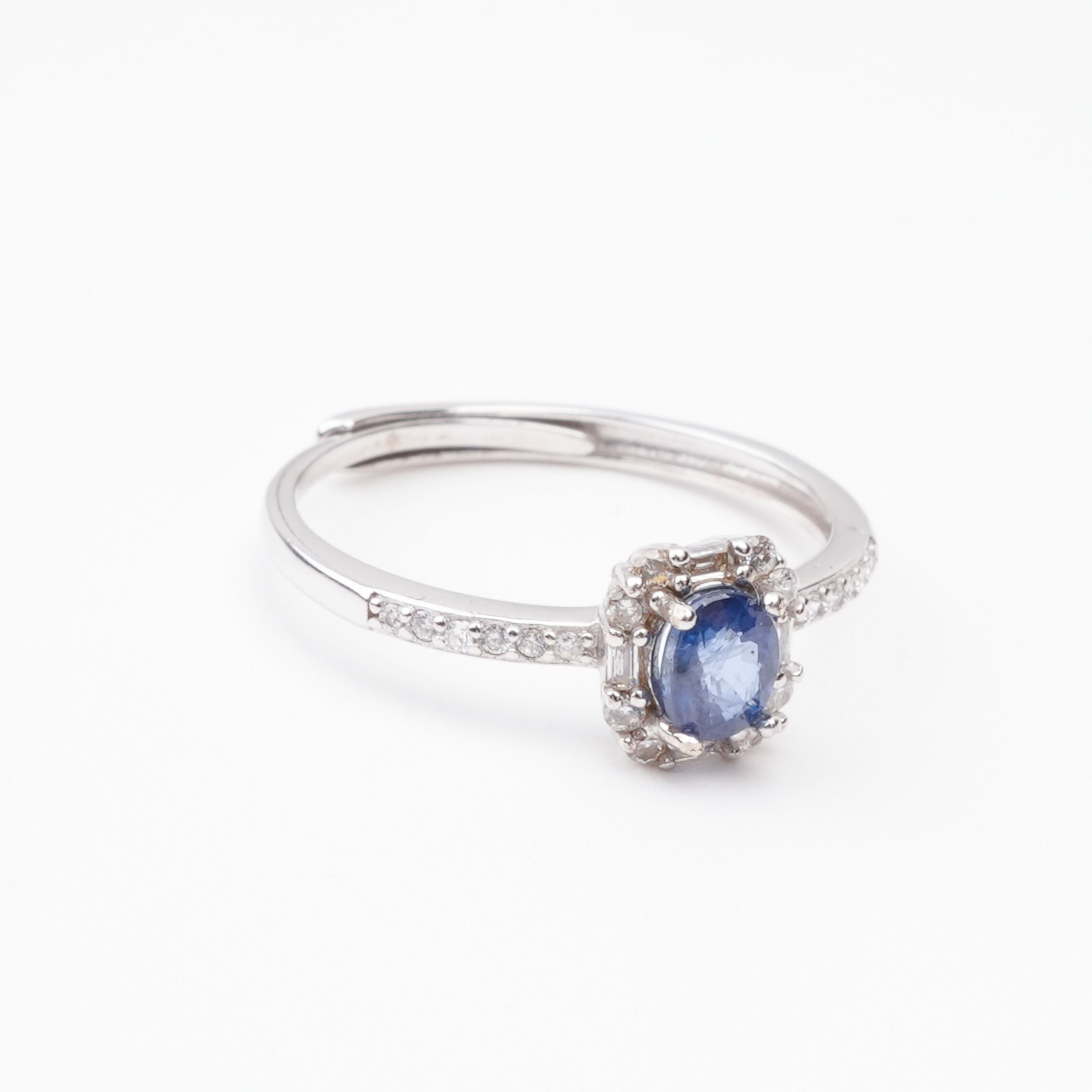 Paula Blue Sapphire Oval Cut Halo Pavé Crystal Sterling Silver Ring