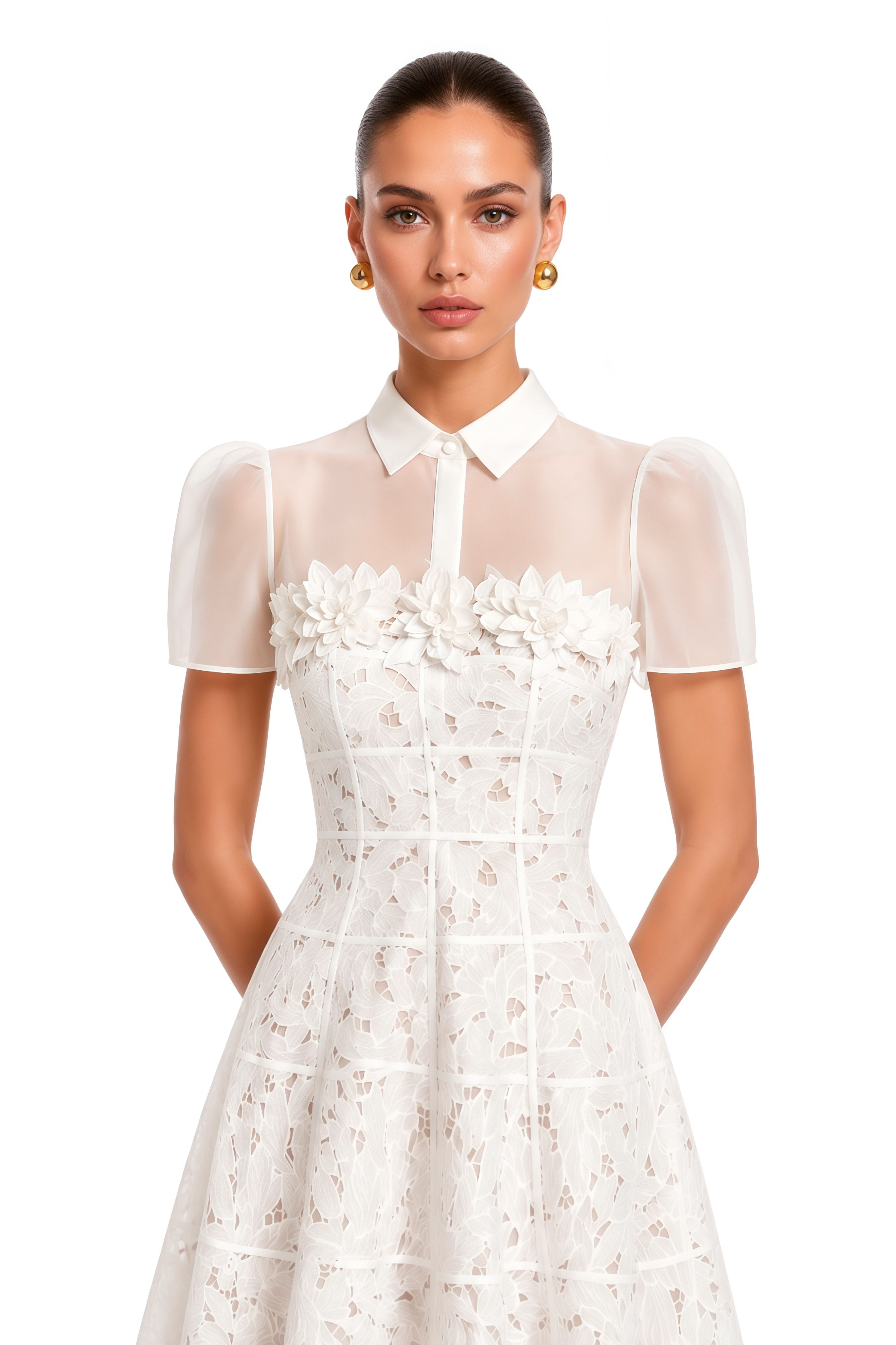 Philippa White Mesh Panel Midi Dress with Lace Applique