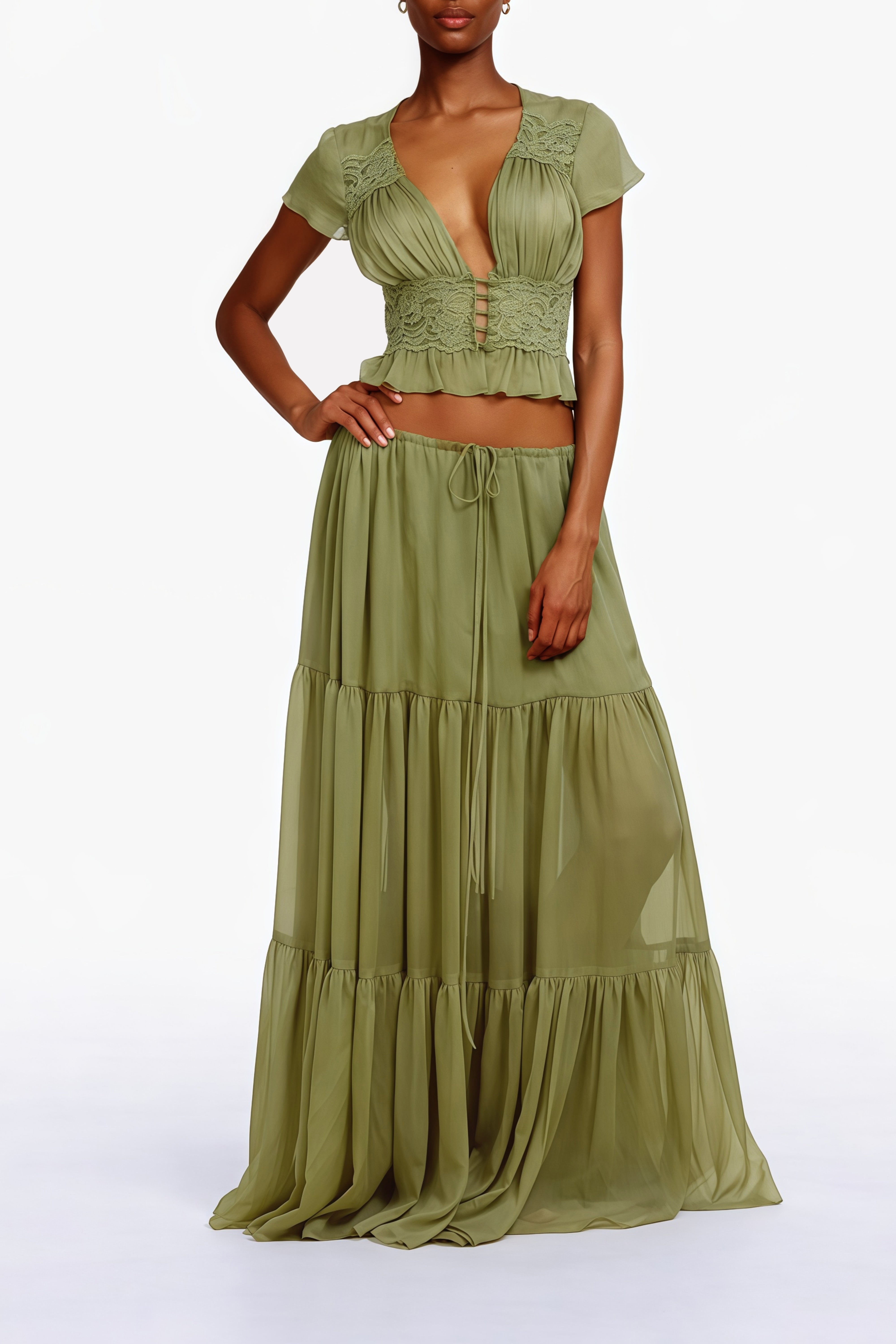 Olive green two-piece set featuring a lace-trimmed cap-sleeve crop top and a tiered maxi skirt