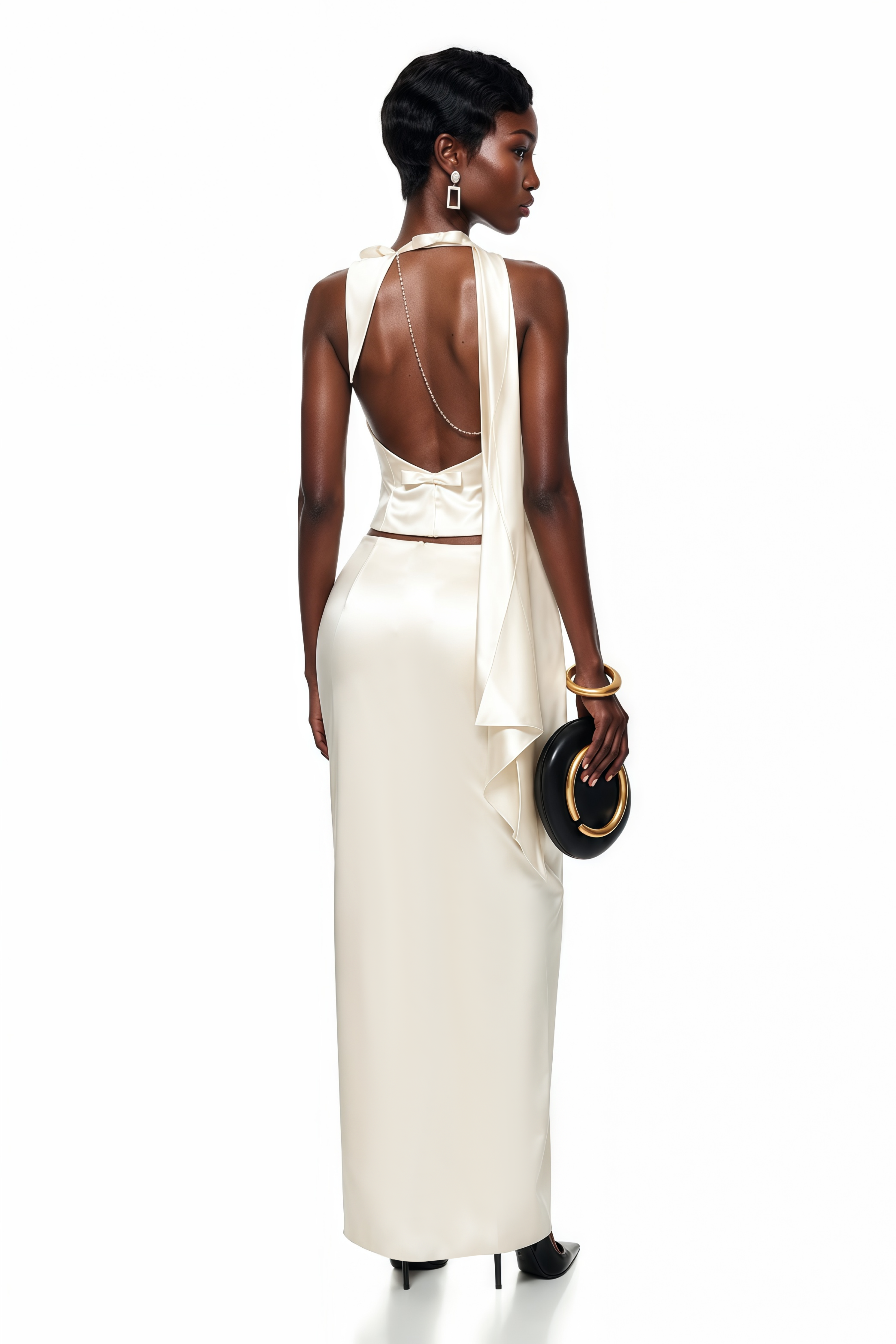 Querubina Ivory Plunge Neck Satin Top & Skirt Set (Final Sale-US Only)