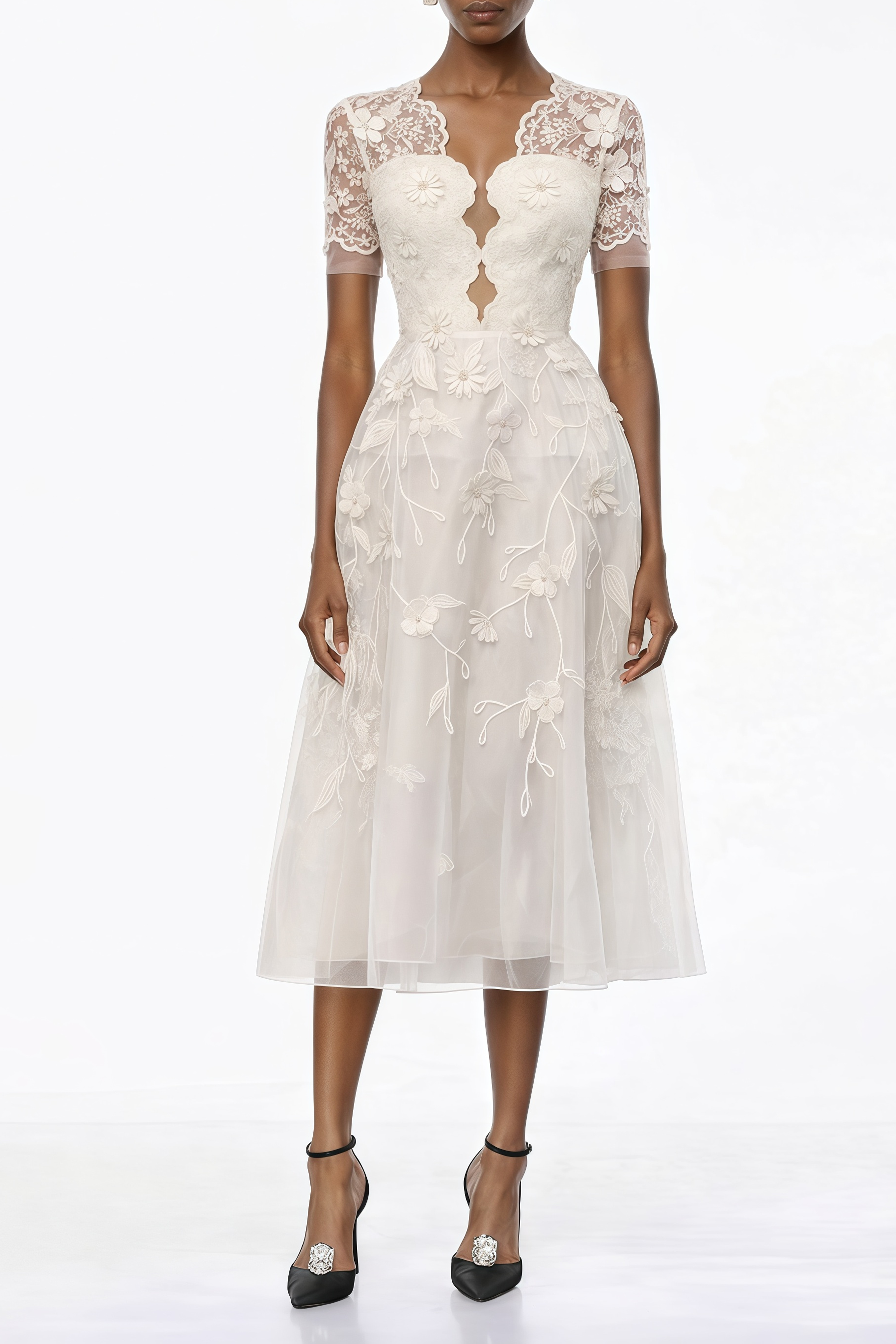 Quetz White Midi Dress with 3D Petals (Final Sale)