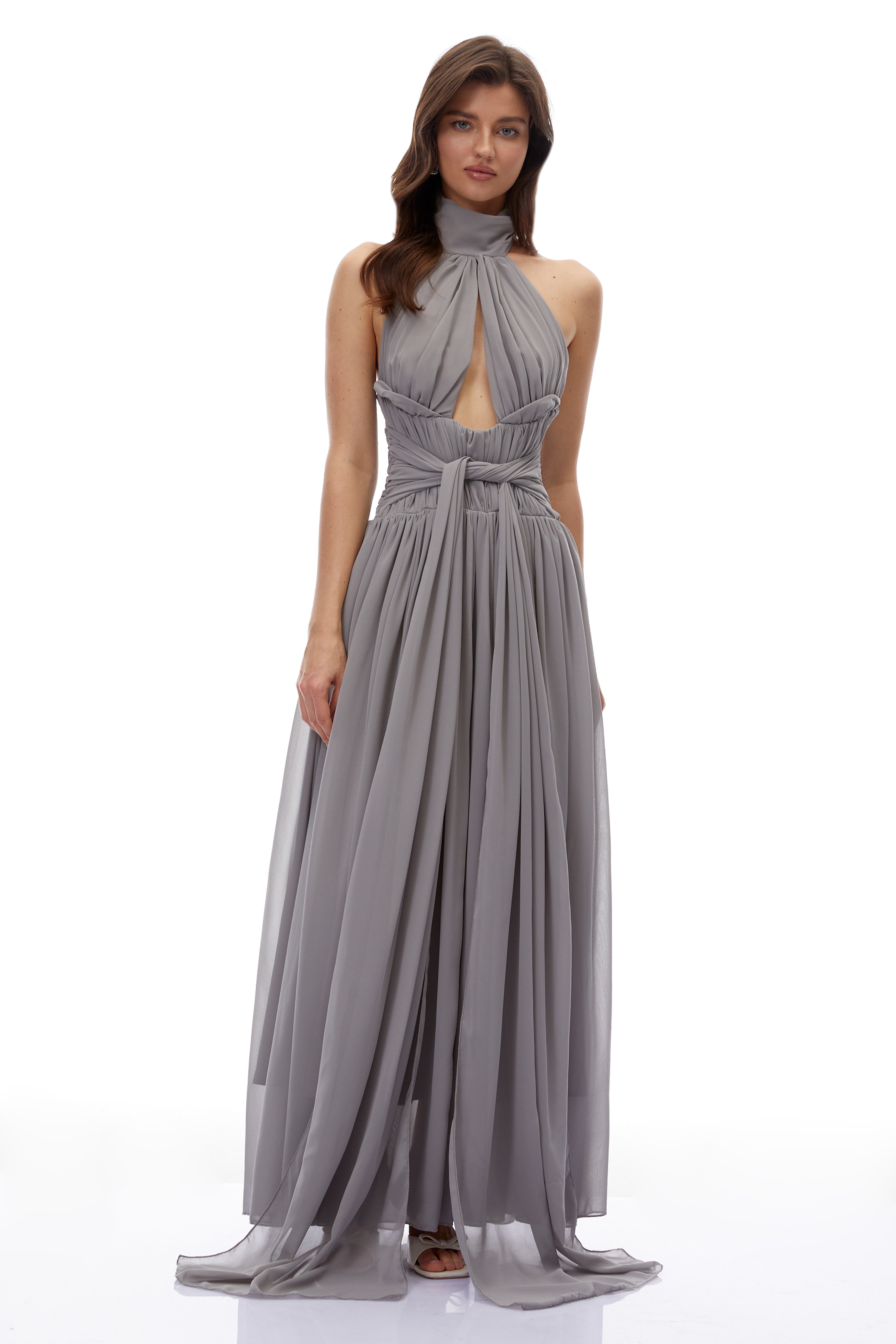 Remedios Grey Halterneck Ruched Maxi Dress